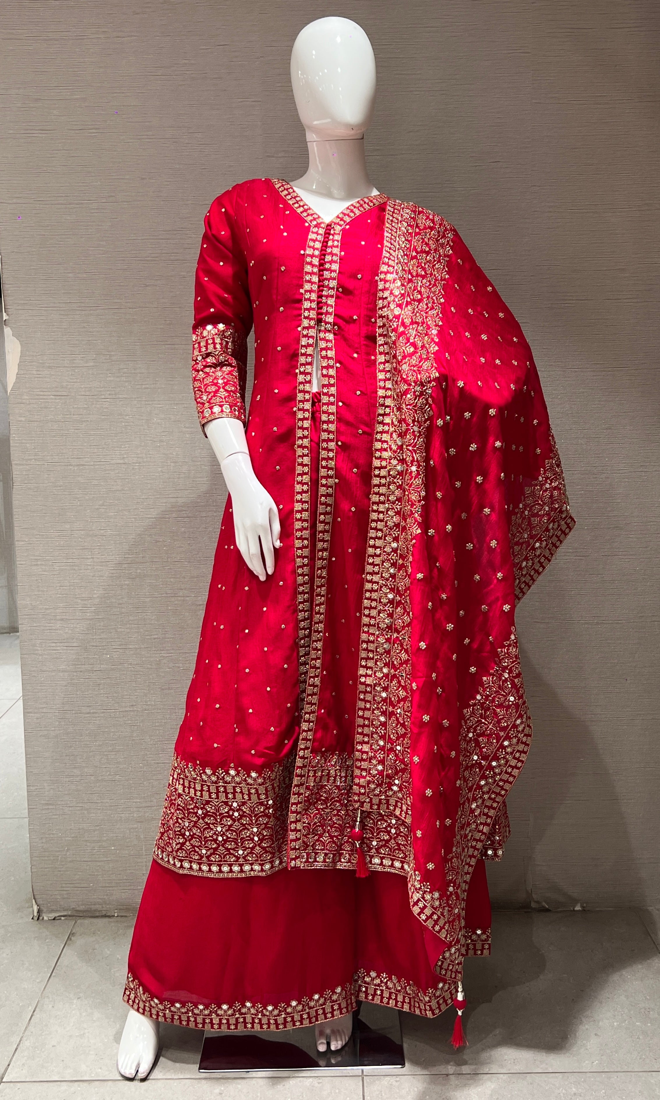 Red embroidered front slit Anarkali