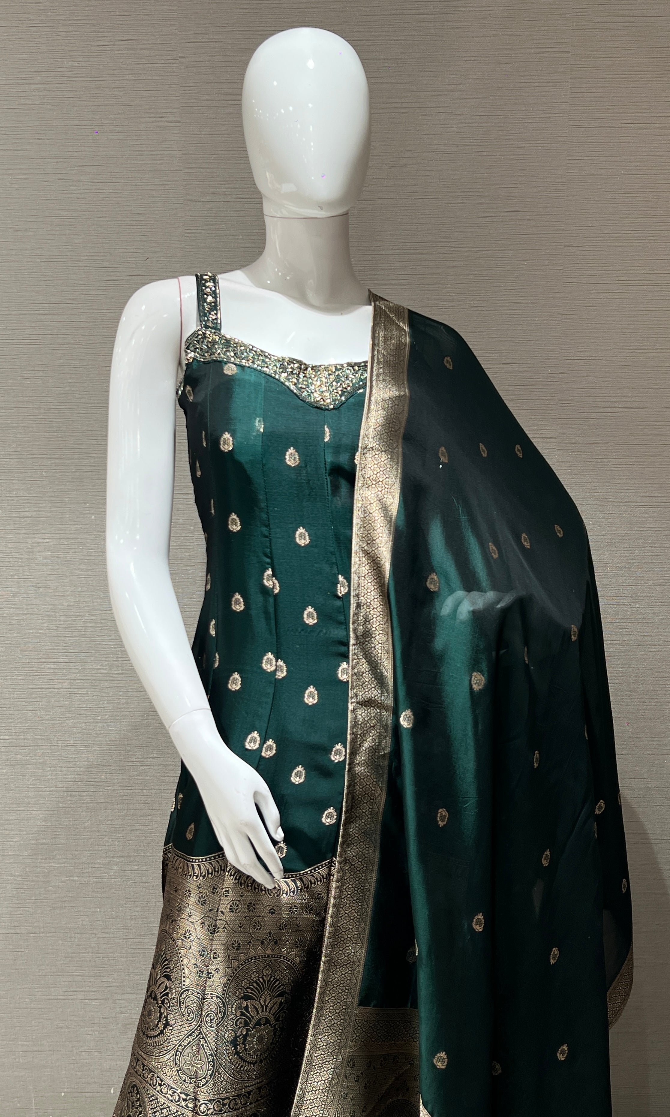 Green Anarkali with Gold Print embroidery