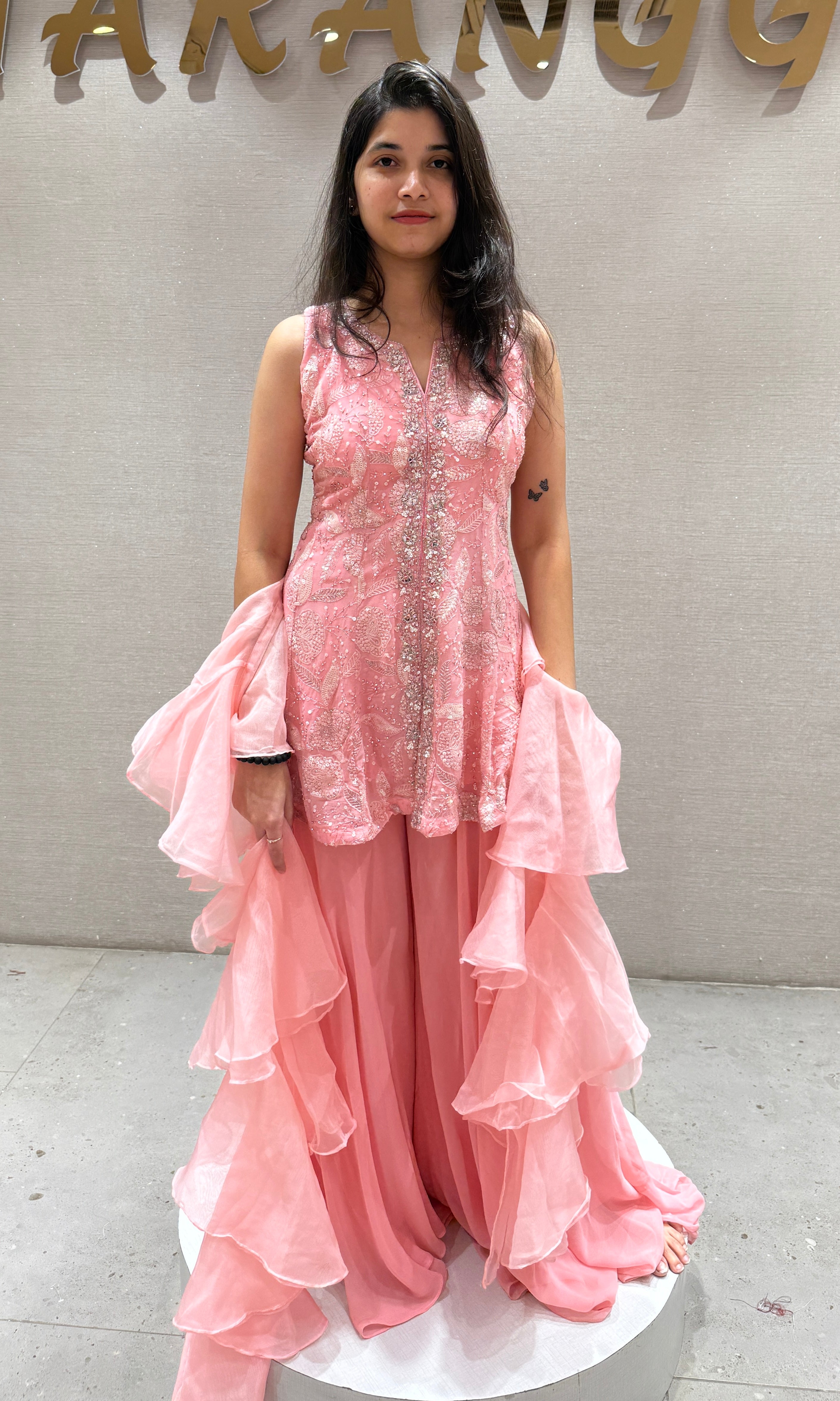 Blush Pink Embroidered Ruffle Palazzo Set