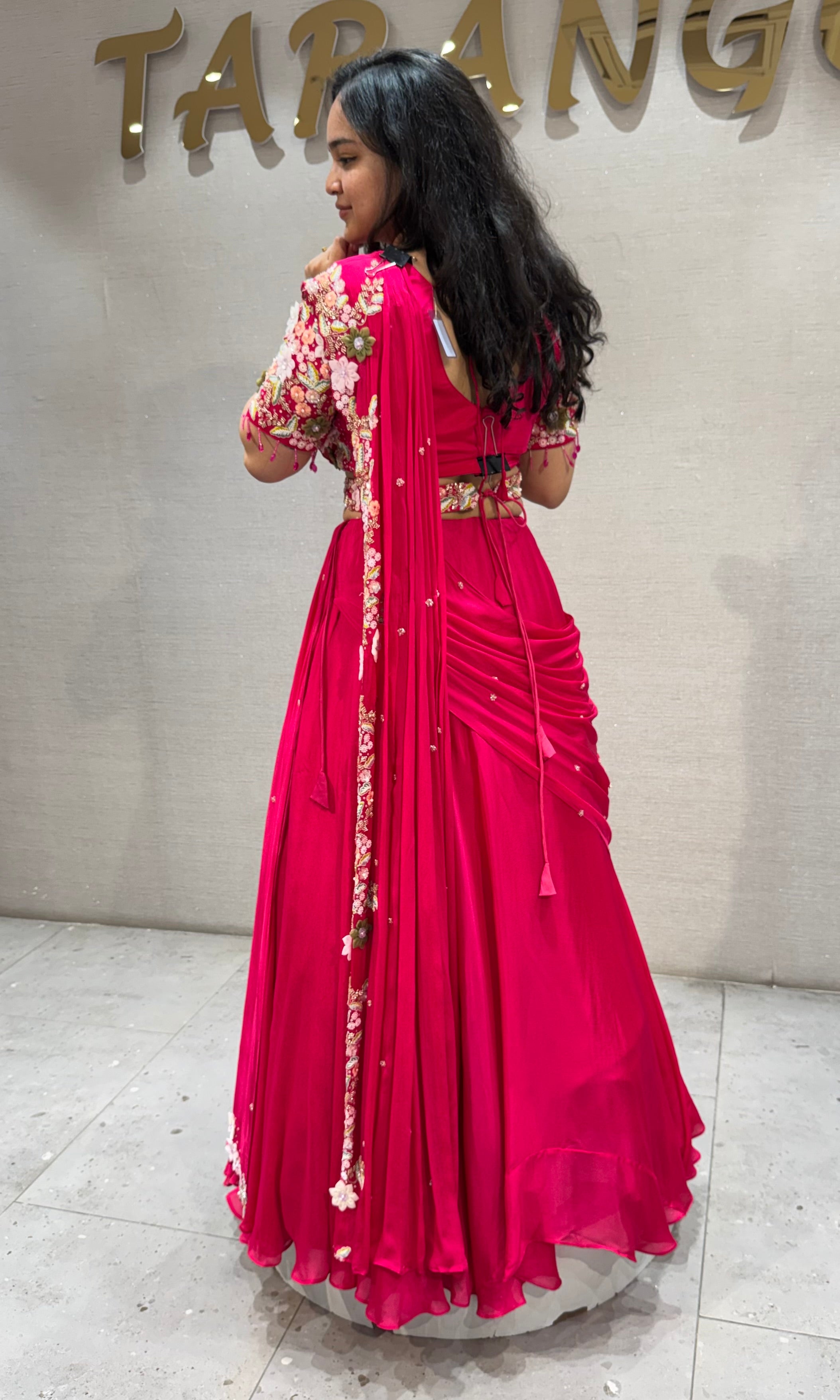 Fuchsia Georgette Pink Draped Saree with Embroidered Silk Blouse & Belt