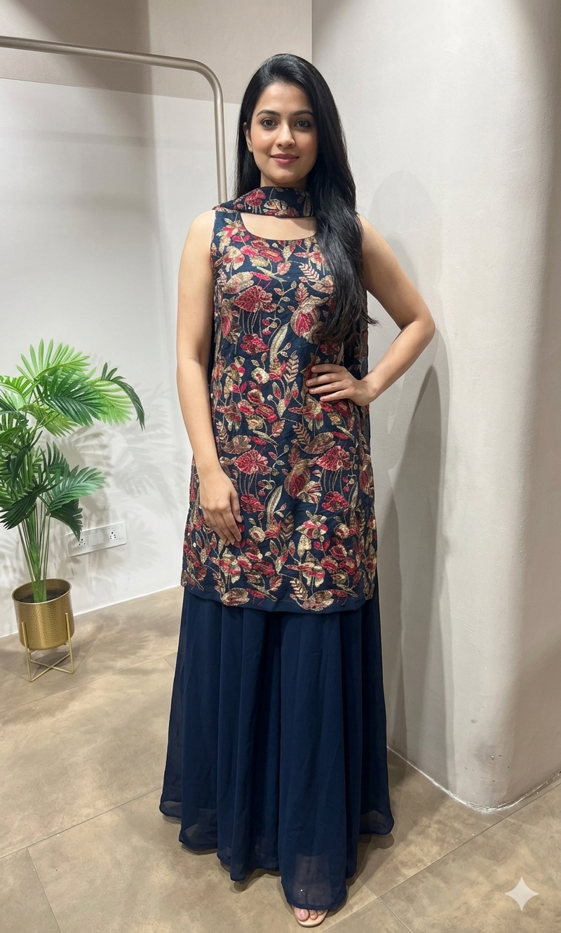 Navy Blue Floral Georgette Sharara Set