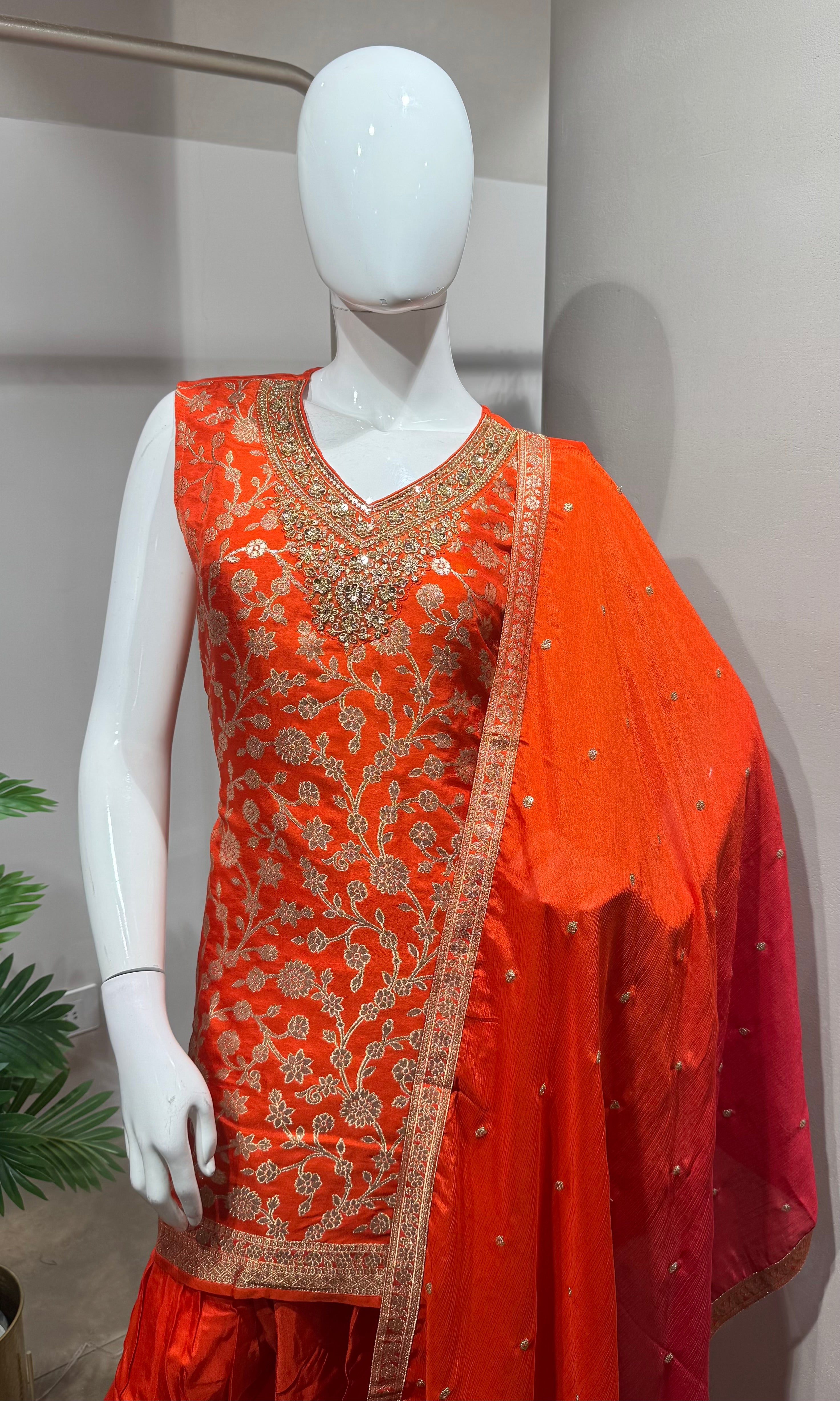 Orange farshi salwar with dual tone dupatta