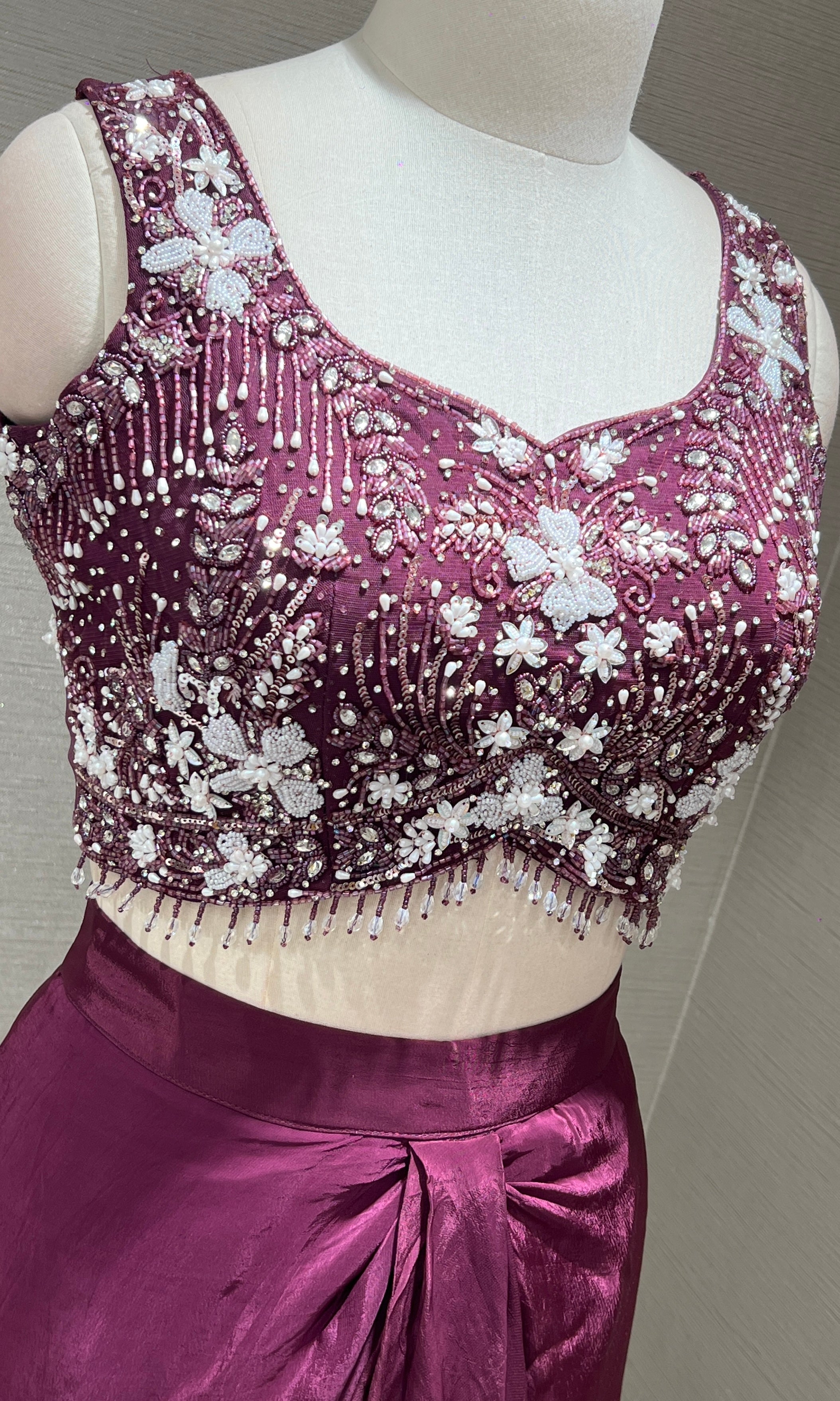 Wine Crystal Sequin BLOUSE with Ruffle Drape Skirt