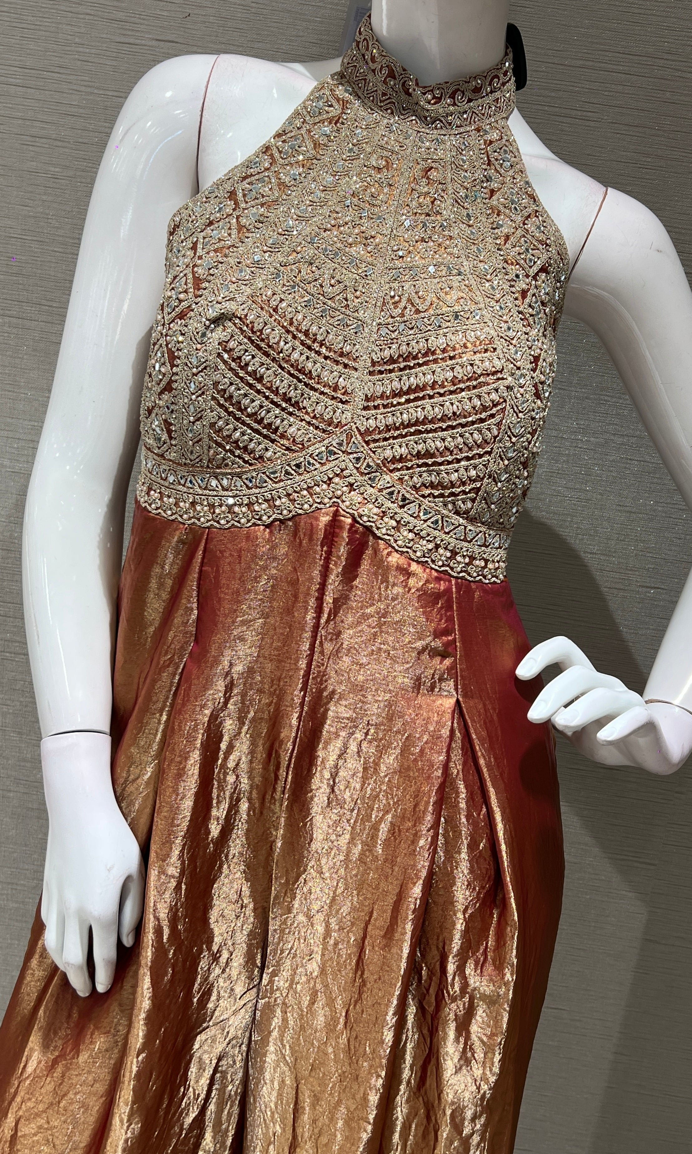 RUST EMBROIDERED HALTER NECK JUMPSUIT