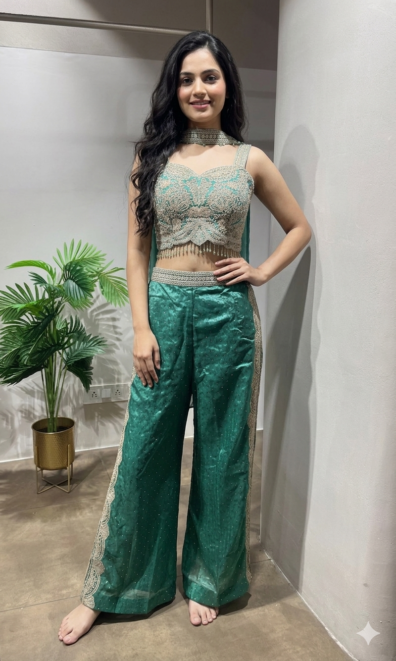 Green Crepe Silk Crop Top Palazzo set