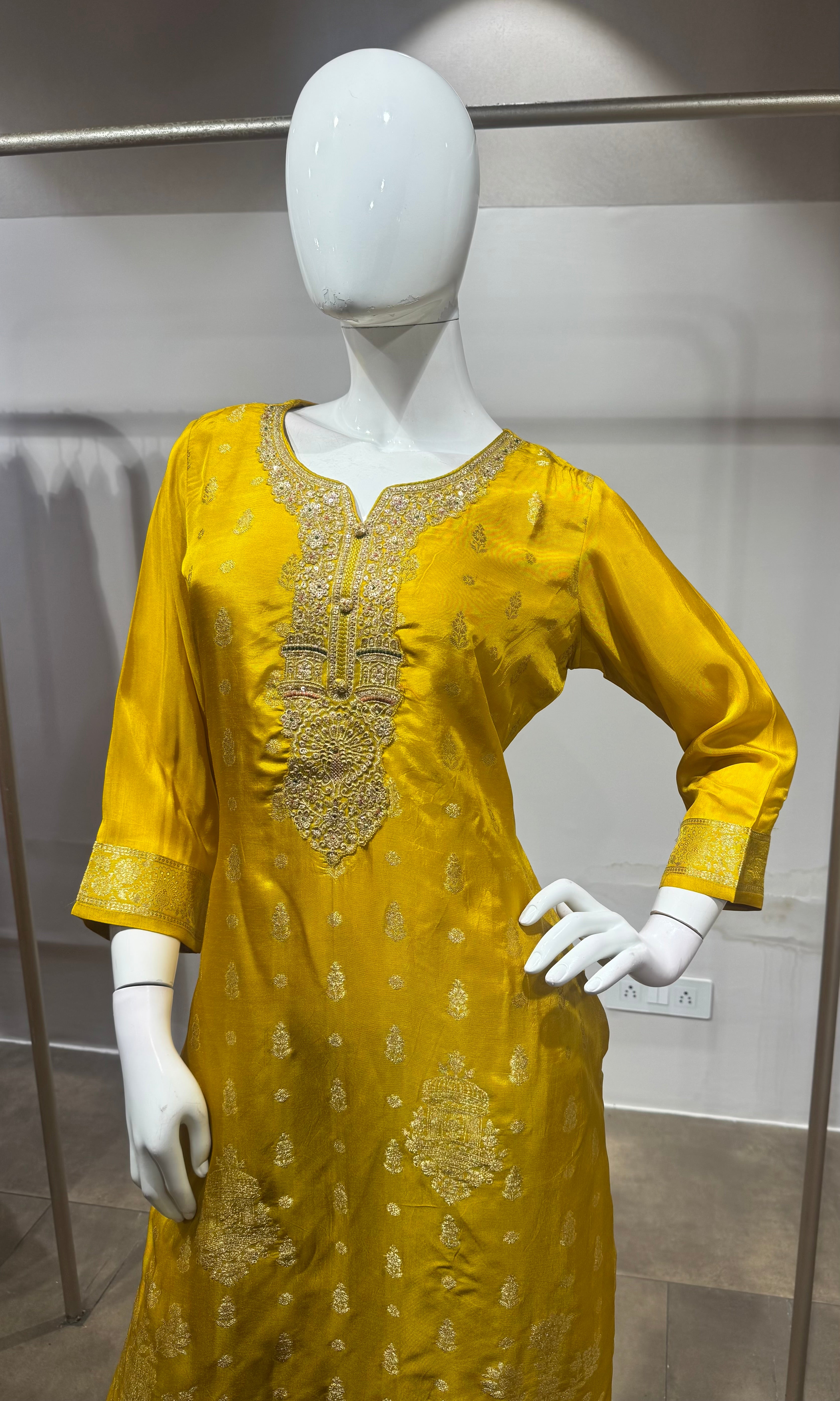 Mustard Yellow Floral Embroidered Kurta Set