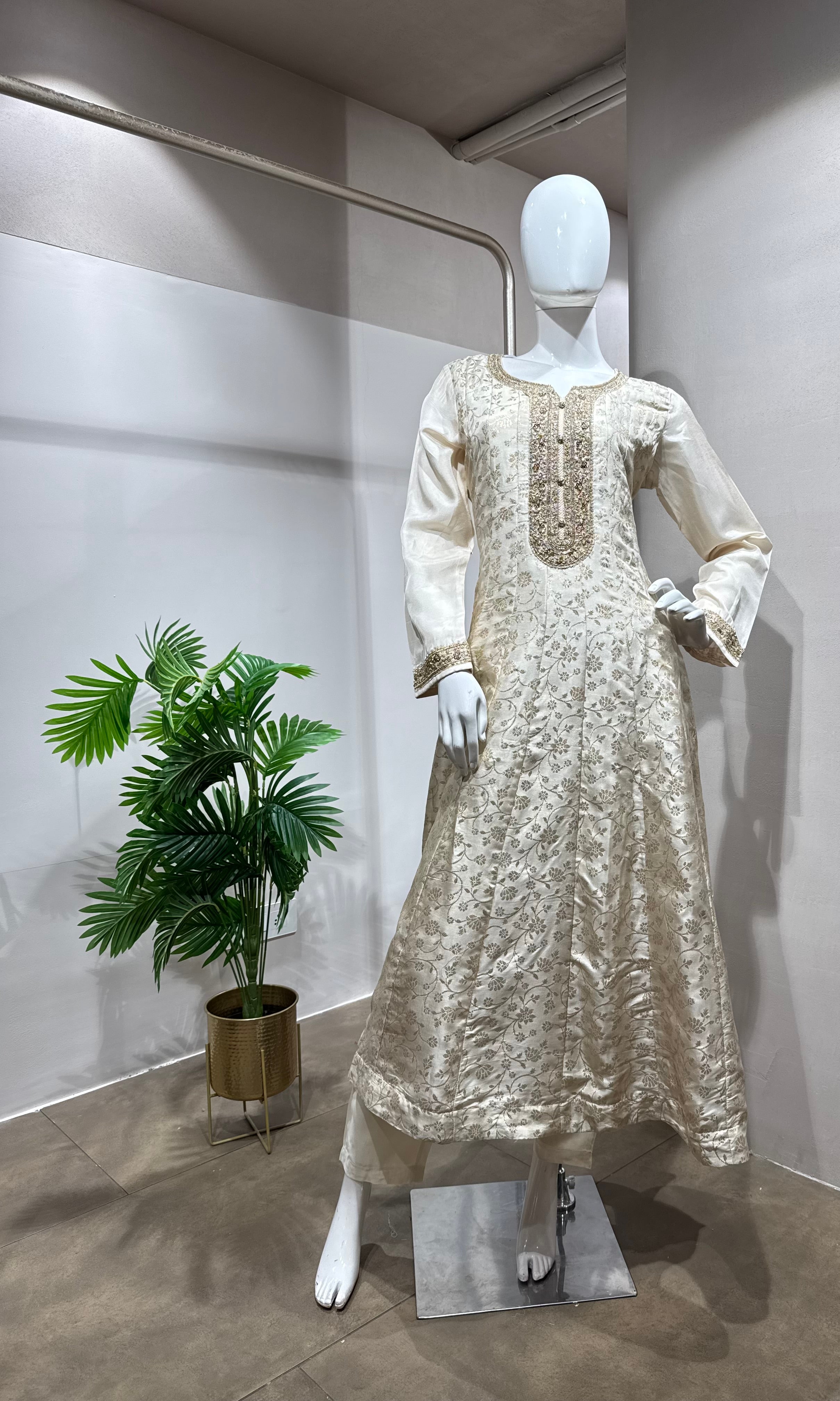 cream Banarasi silk anarkali set