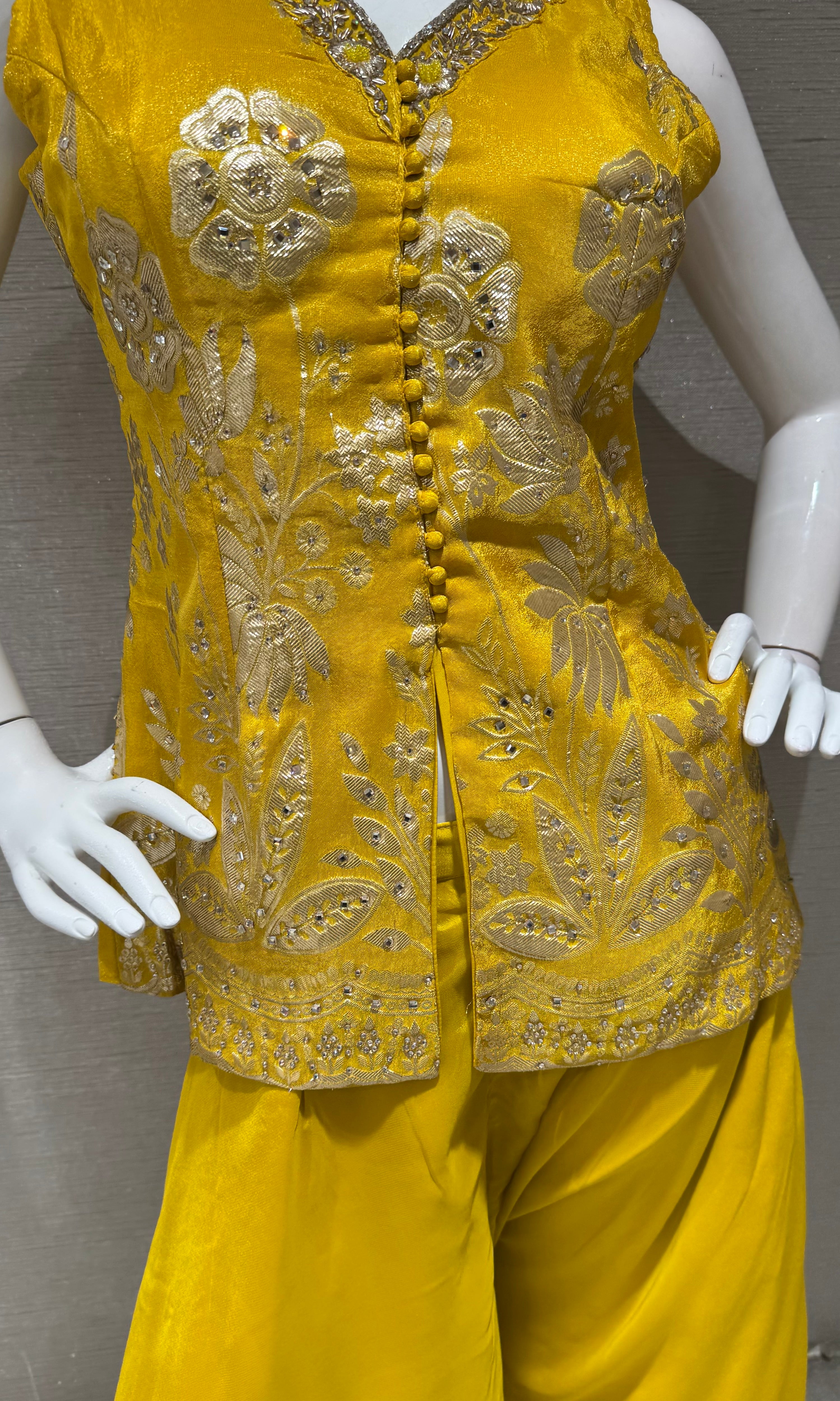 Yellow Embroidered Short Peplum Palazzo Set with Dupatta