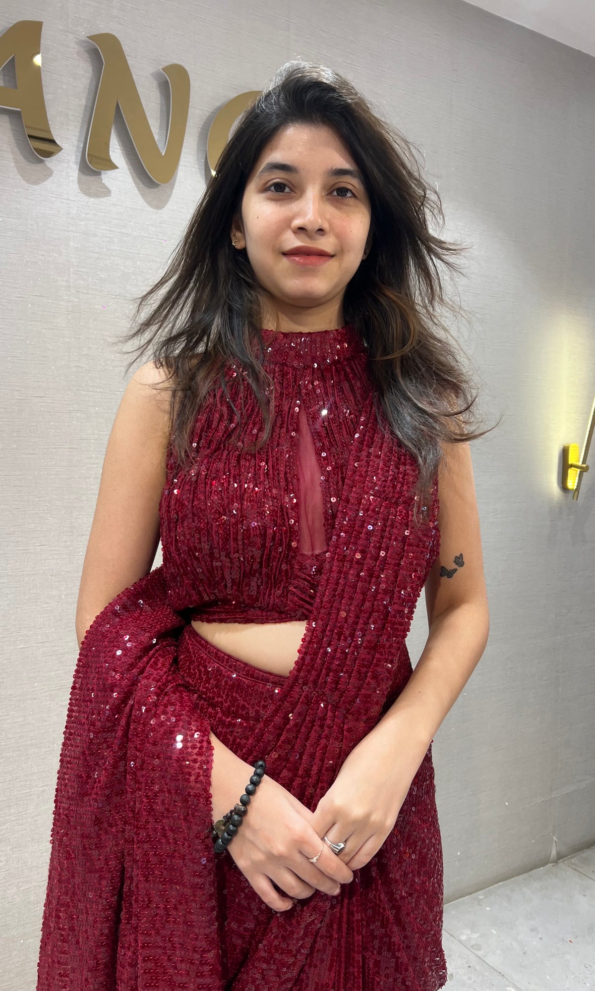 Maroon Georgette Sequined Draped Saree