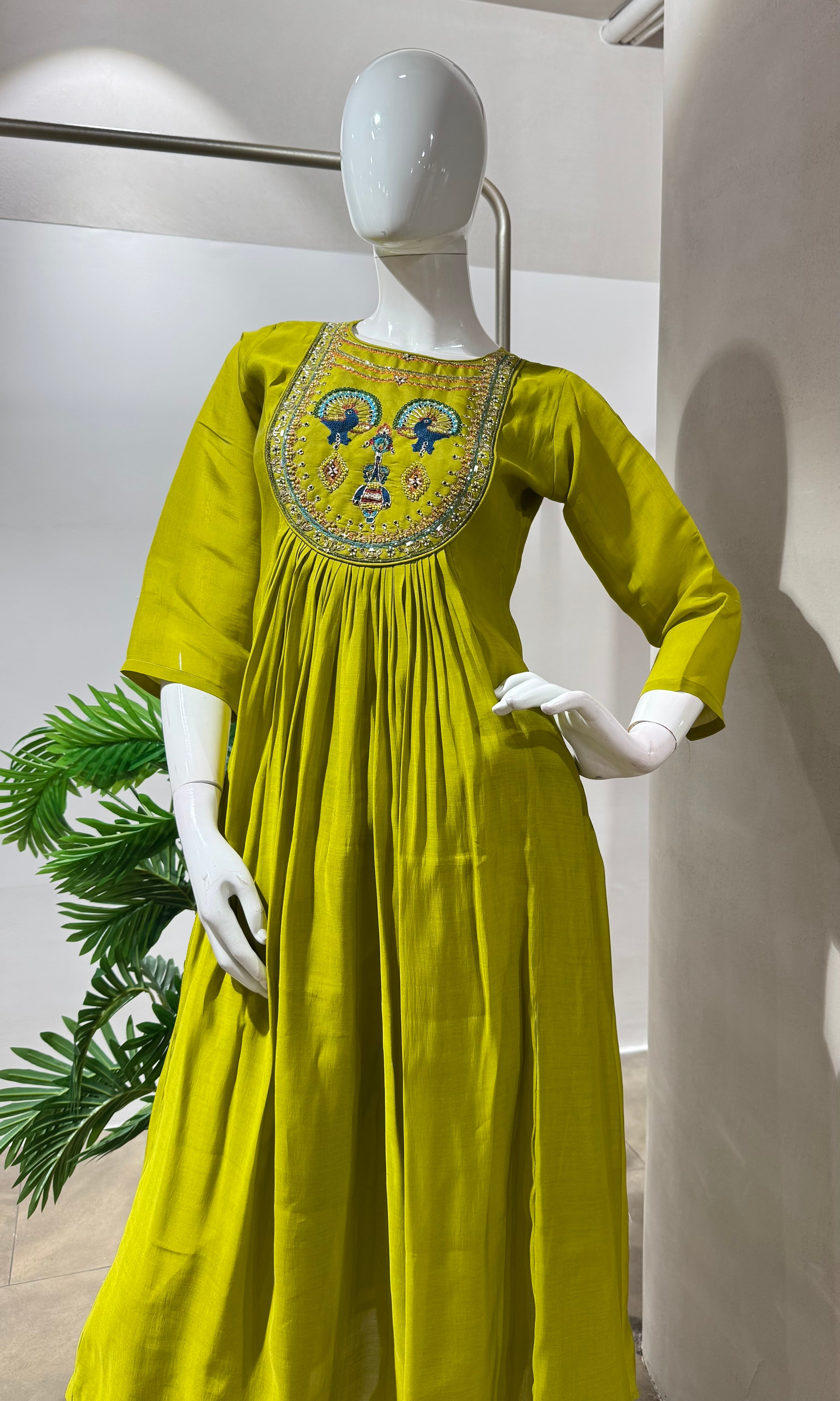 GREEN PEACOCK MUL CHANDERI KURTA SET