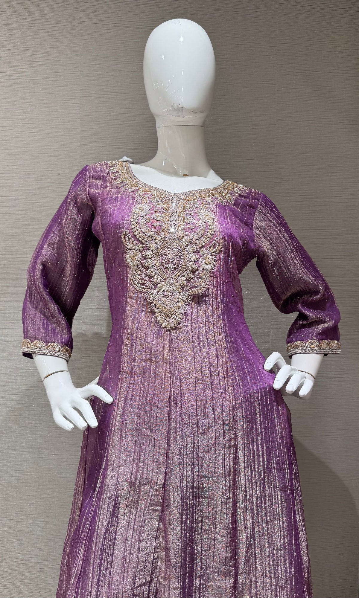PURPLE TISSUE SILK EMBROIDERED ANARKALI SET WITH DUPATTA