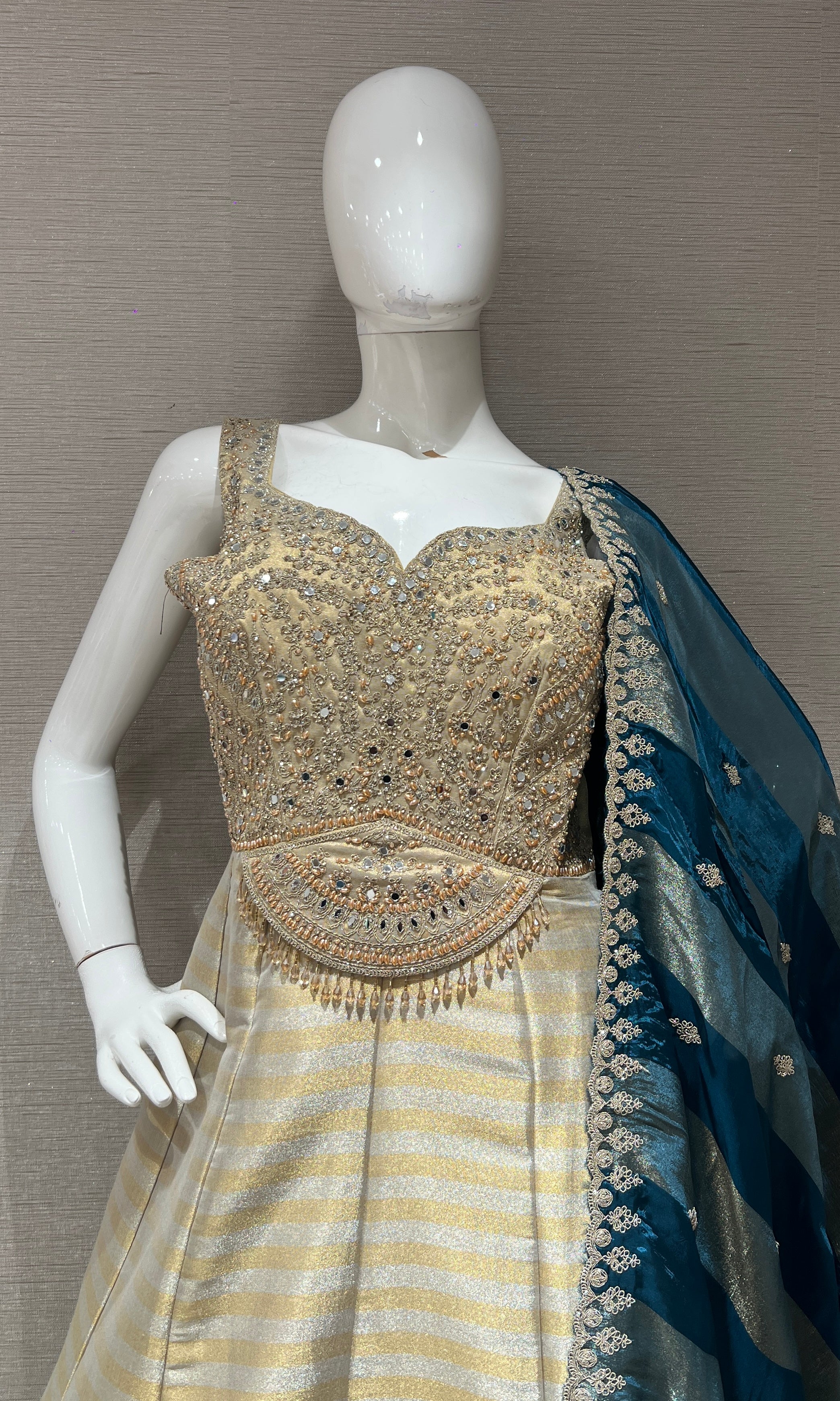 Blue and Gold Striped Anarkali Set with dupatta