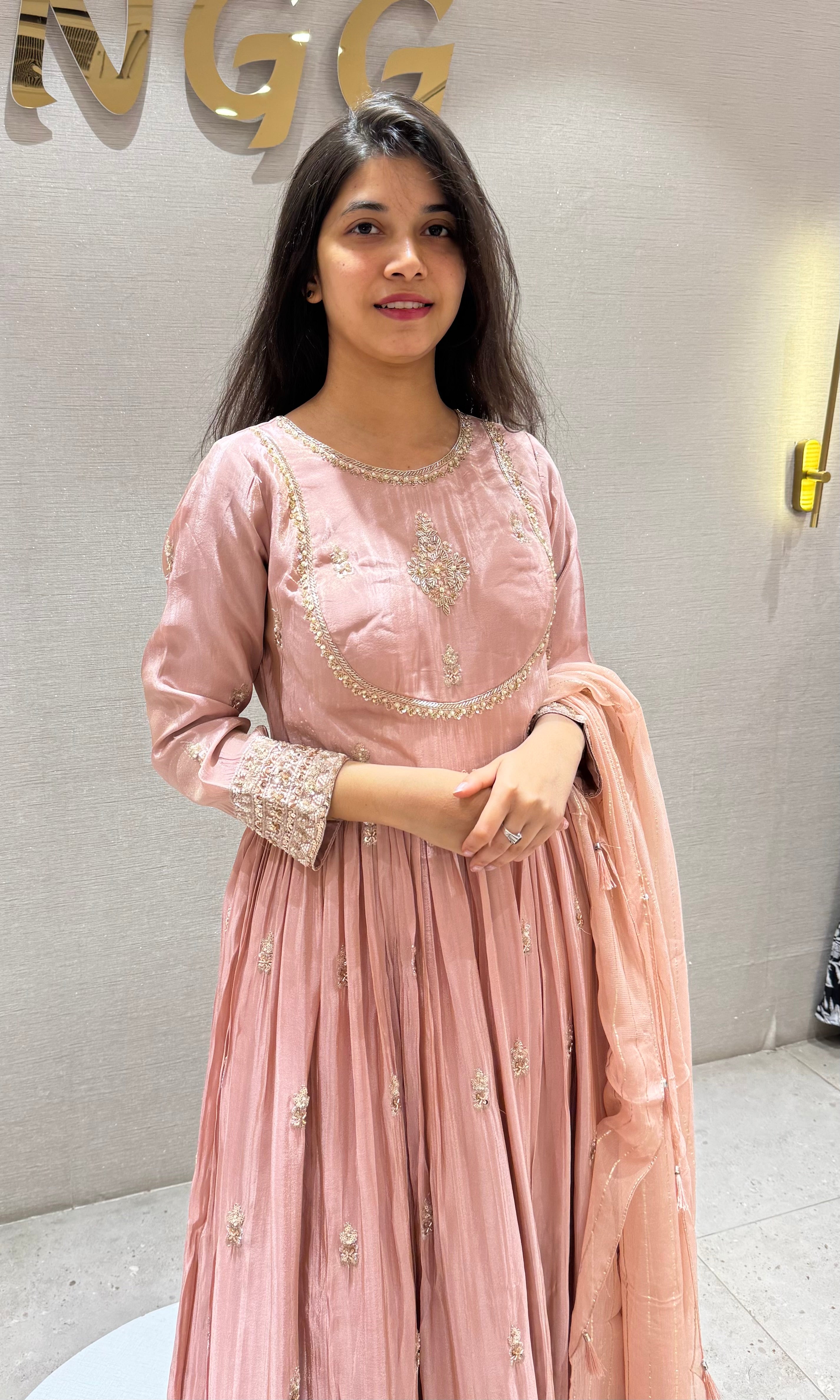 Peach EMBROIDERED LONG ANARKALI SET