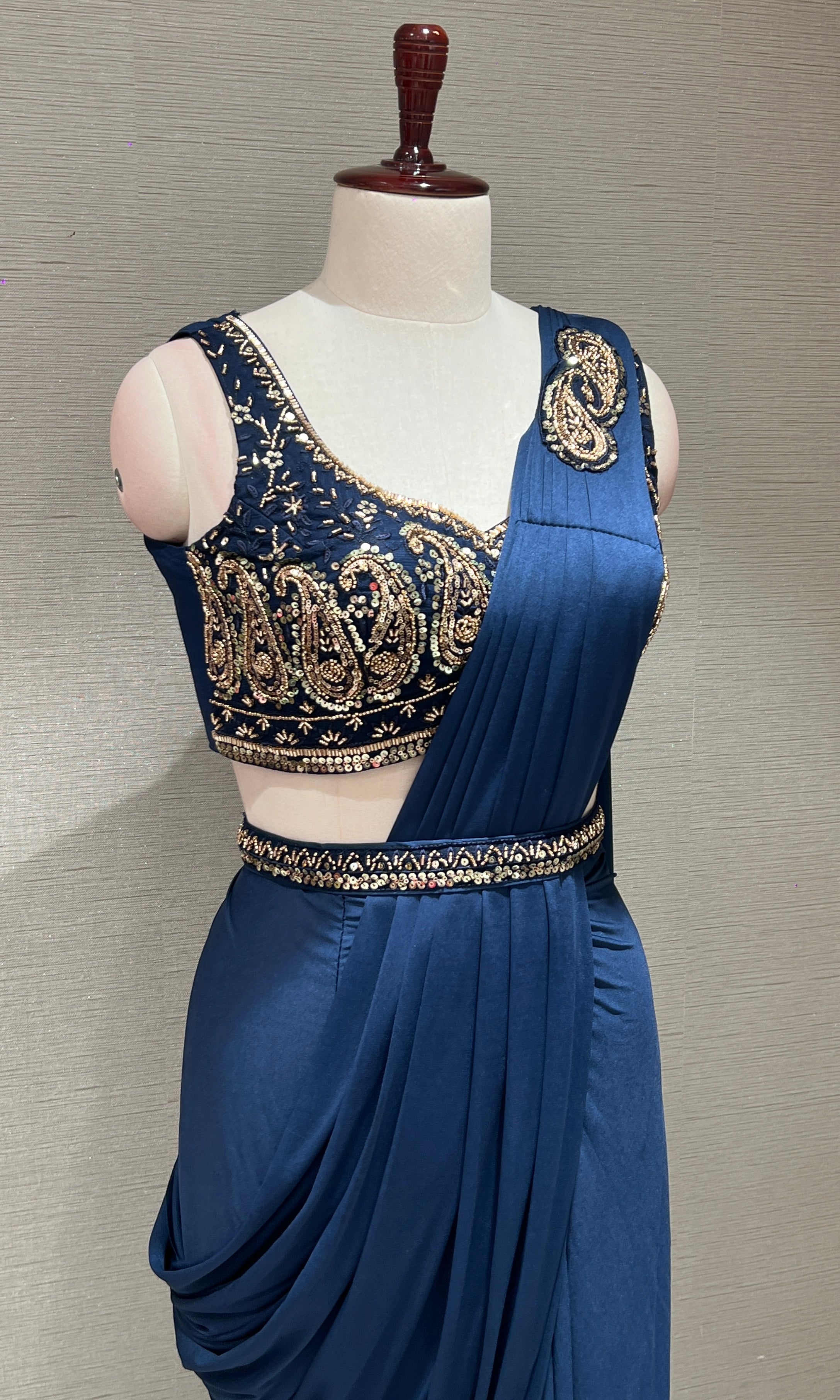 NAVY BLUE Drape Saree WITH BLOUSE & BELT