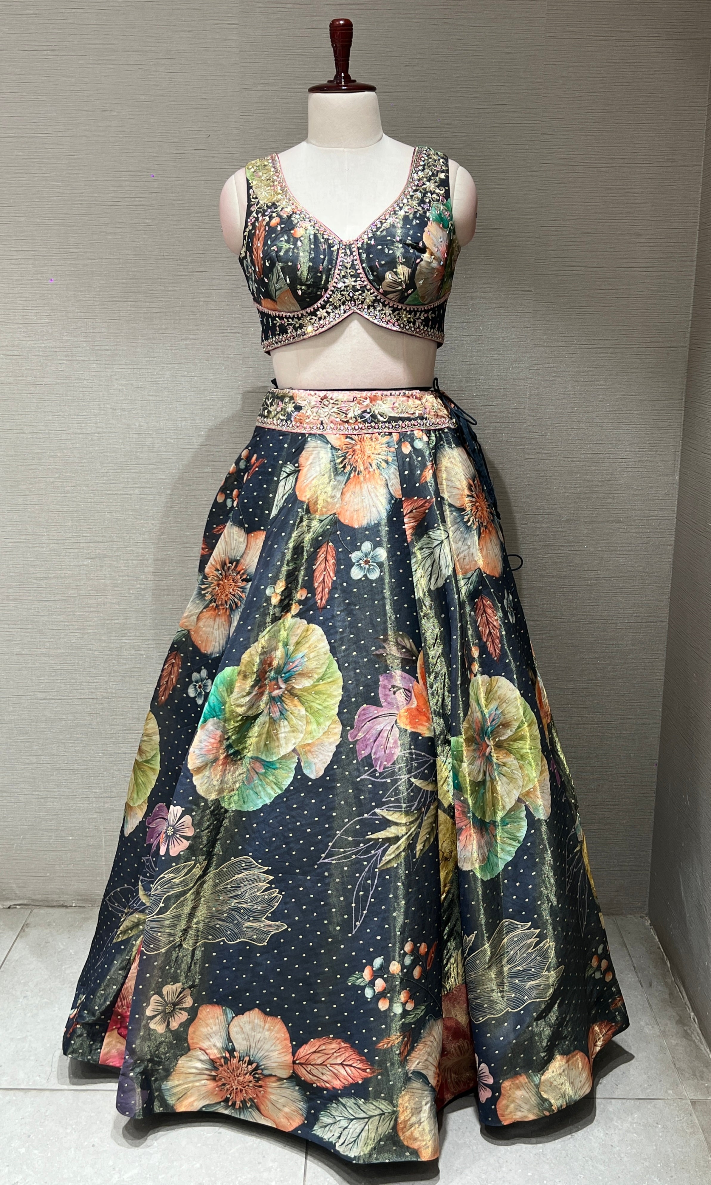 Olive green Floral Embroidered Lehenga