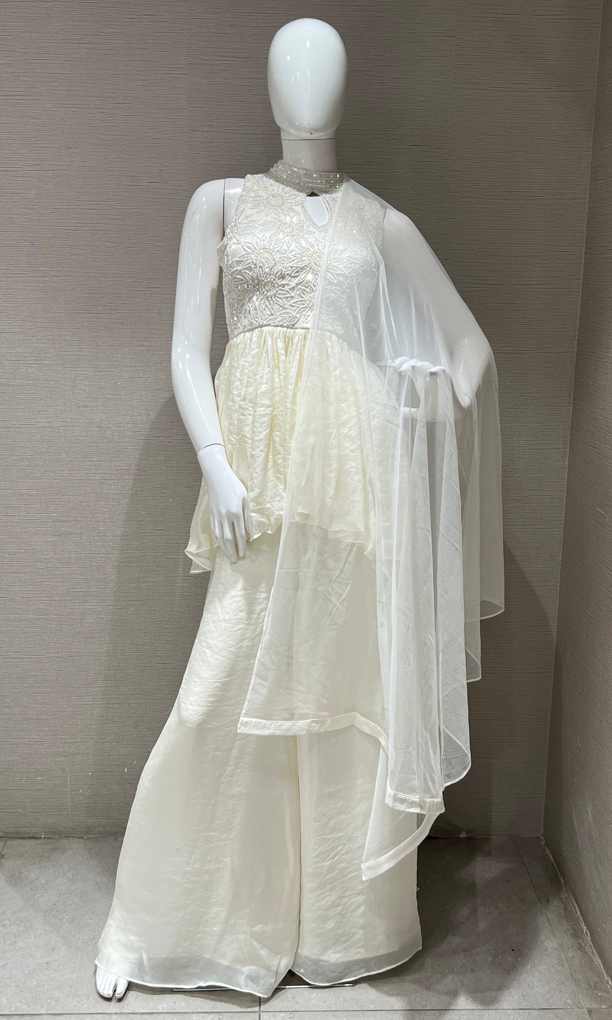 ivory white palazzo with peplum blouse