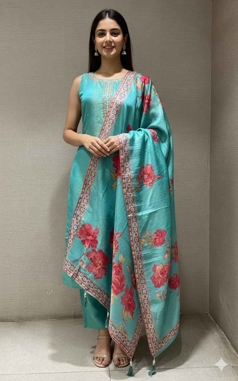 sea blue kurta set with floral printed dupatta