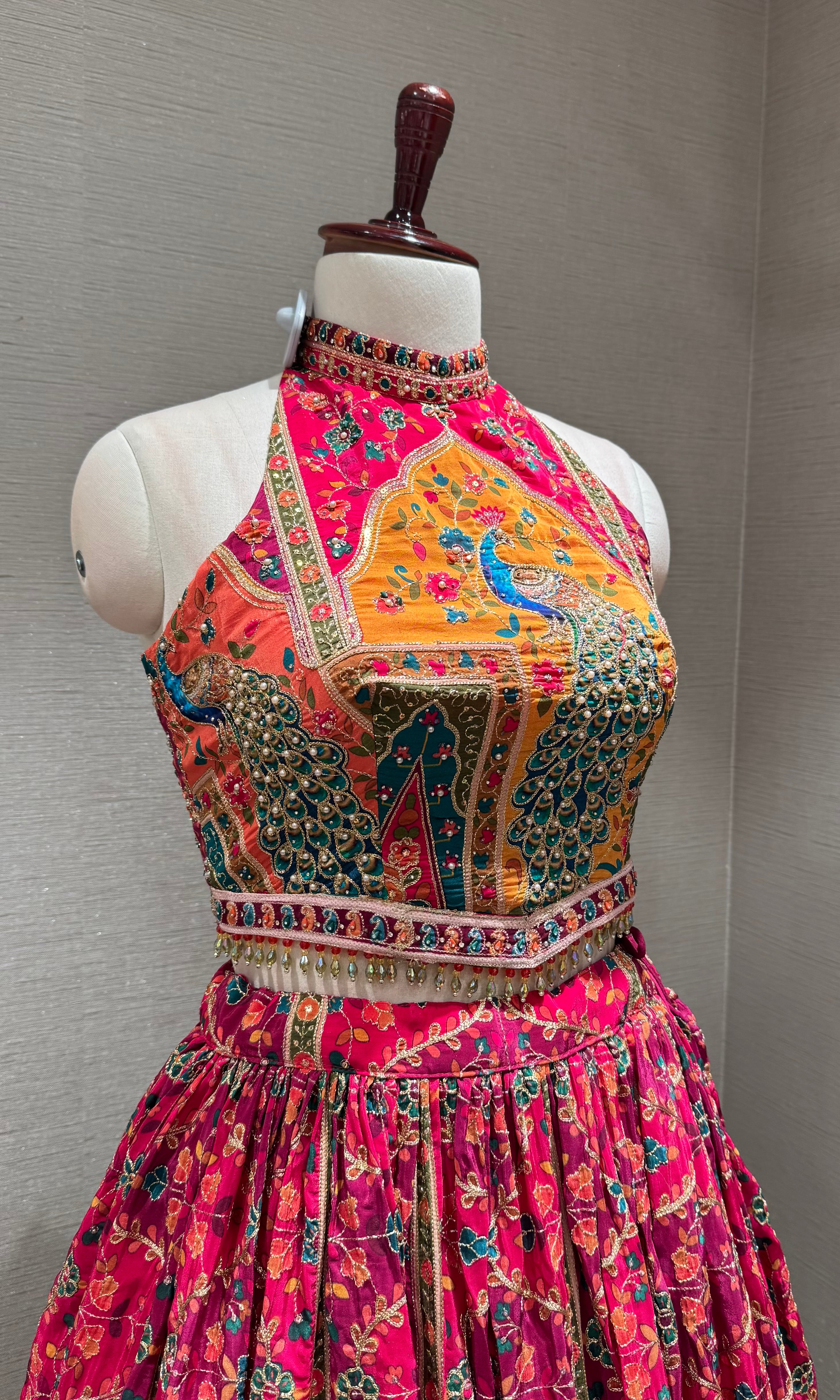 pink Mayur Pichwai halter neck Lehenga set