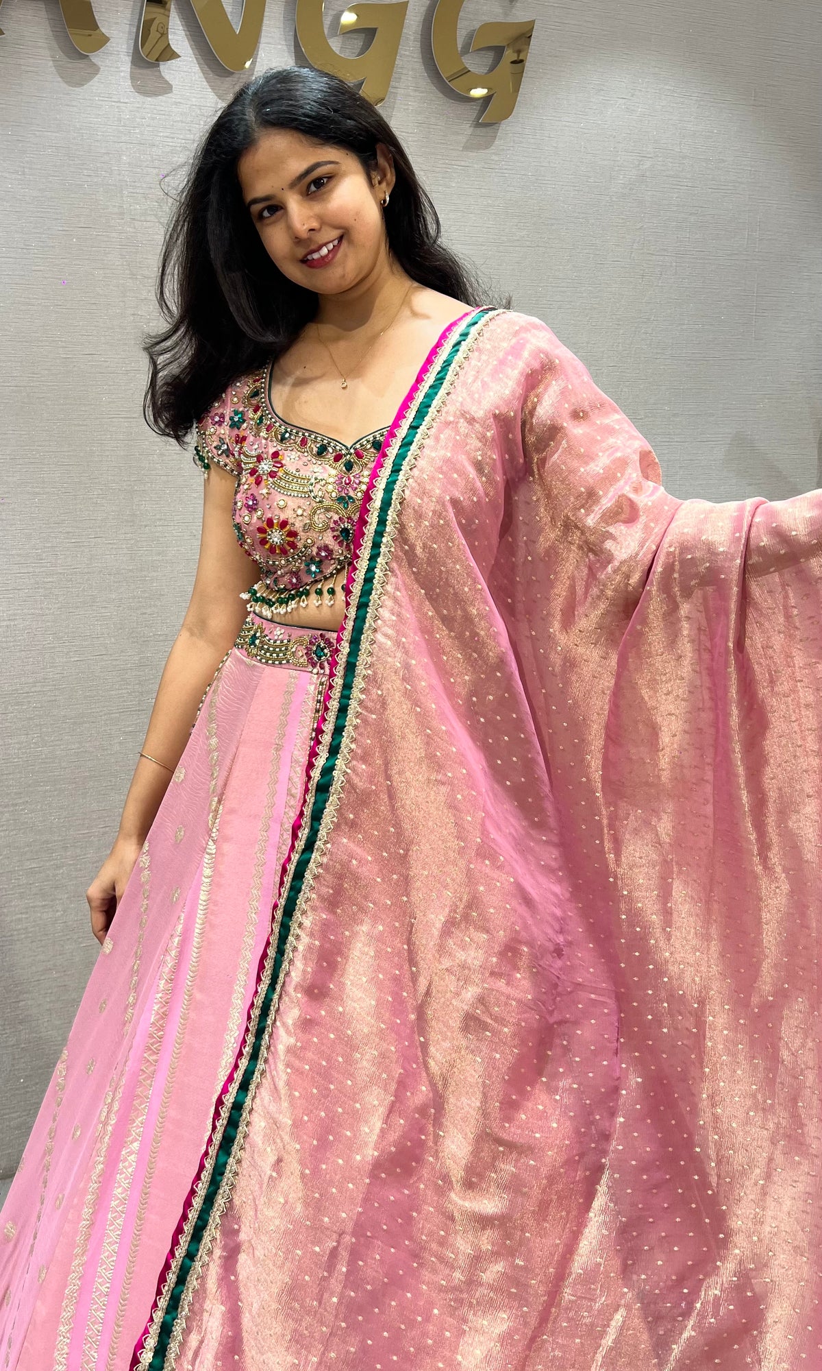 Pastel Pink Flared Lehenga Set with Heavily Embellished Blouse & dupatta