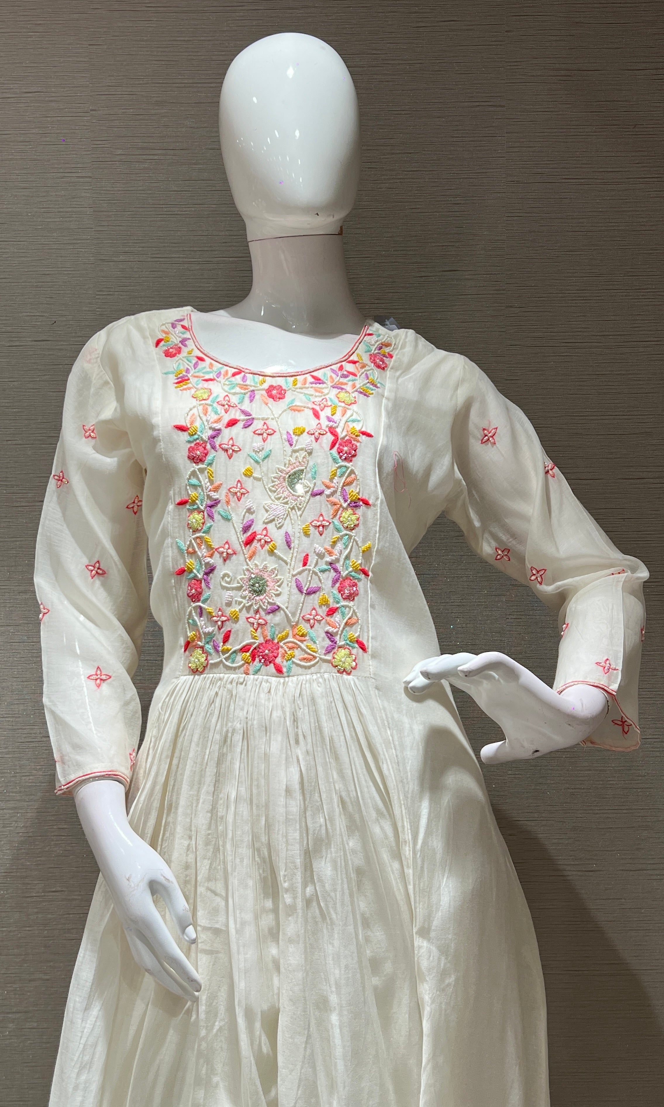 Half white floral bead work mul chanderi kurta set