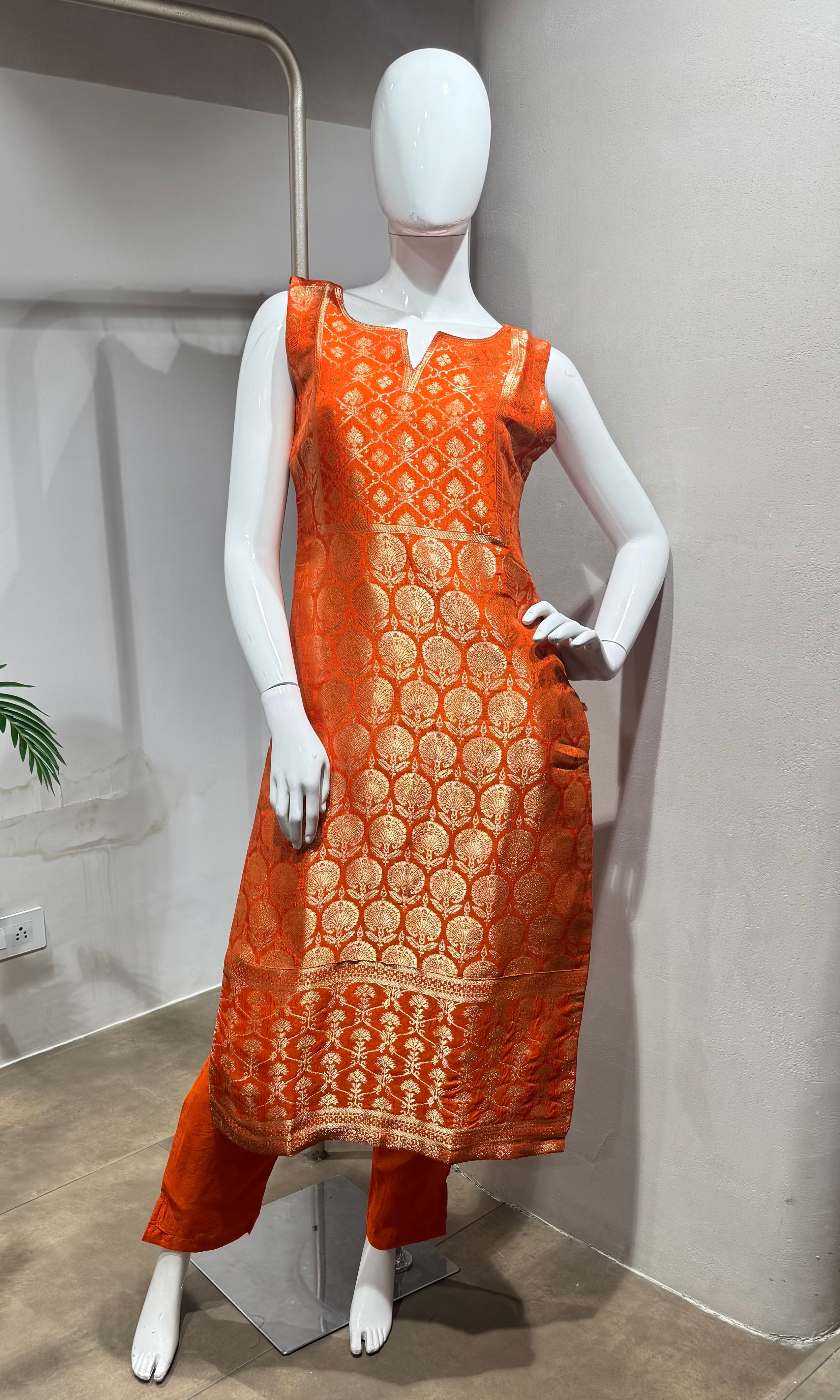 Orange golden banarasi kurta set