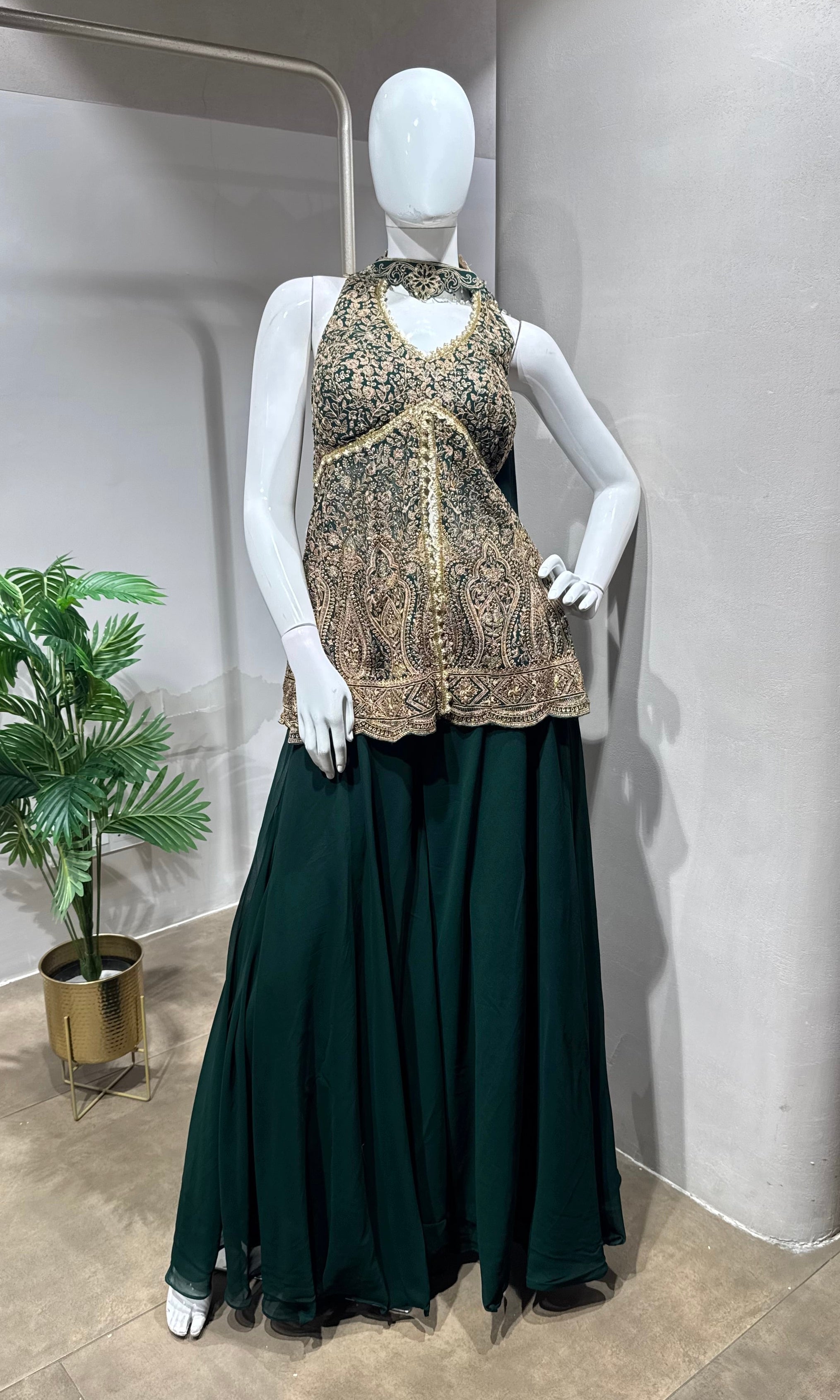 Green Golden Embroidered Palazzo Set