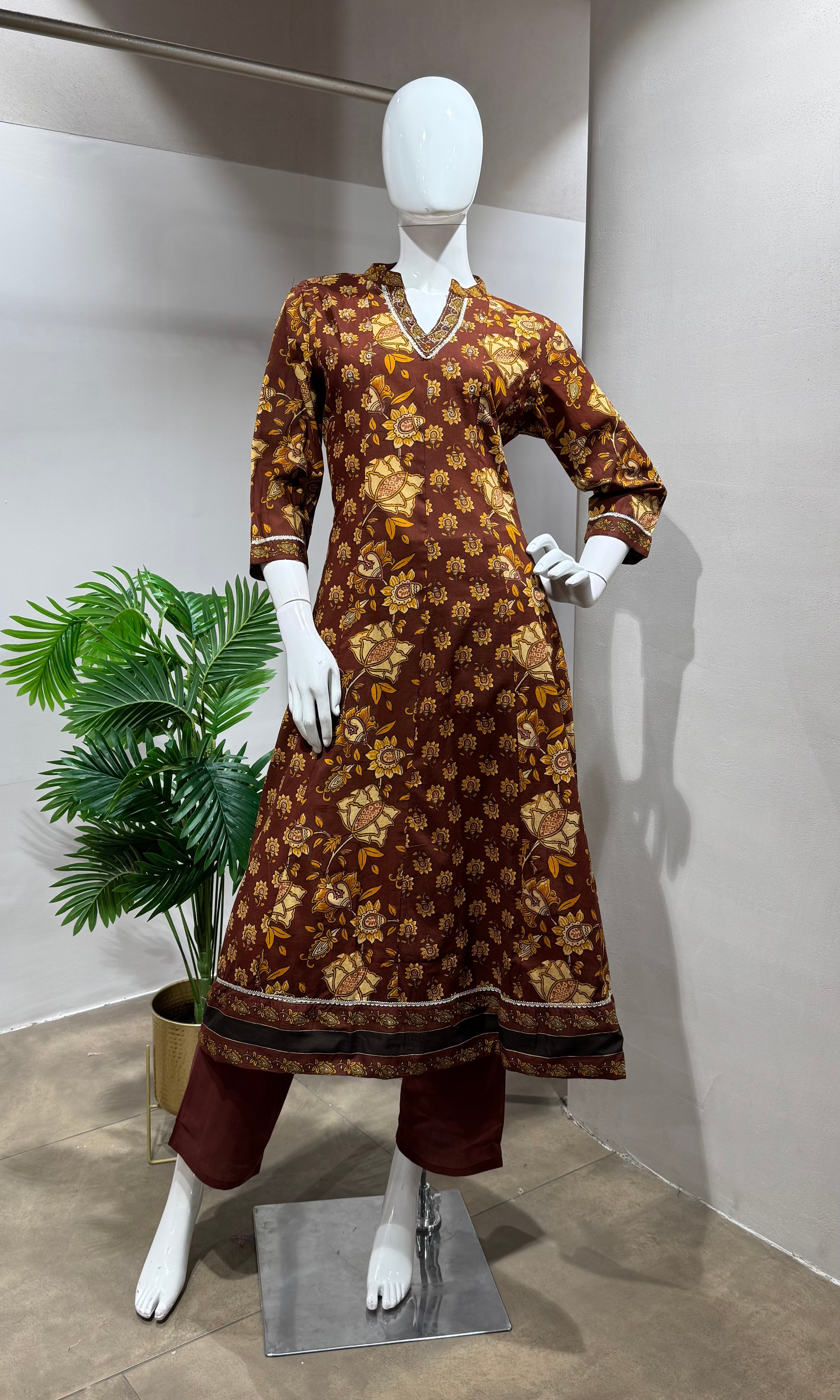 BROWN Floral Printed Ethnic Anarkali Set