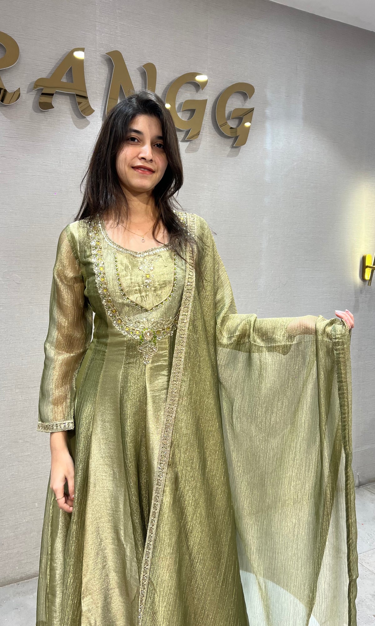 Olive Green Shimmer Embroidered Anarkali set with dupatta