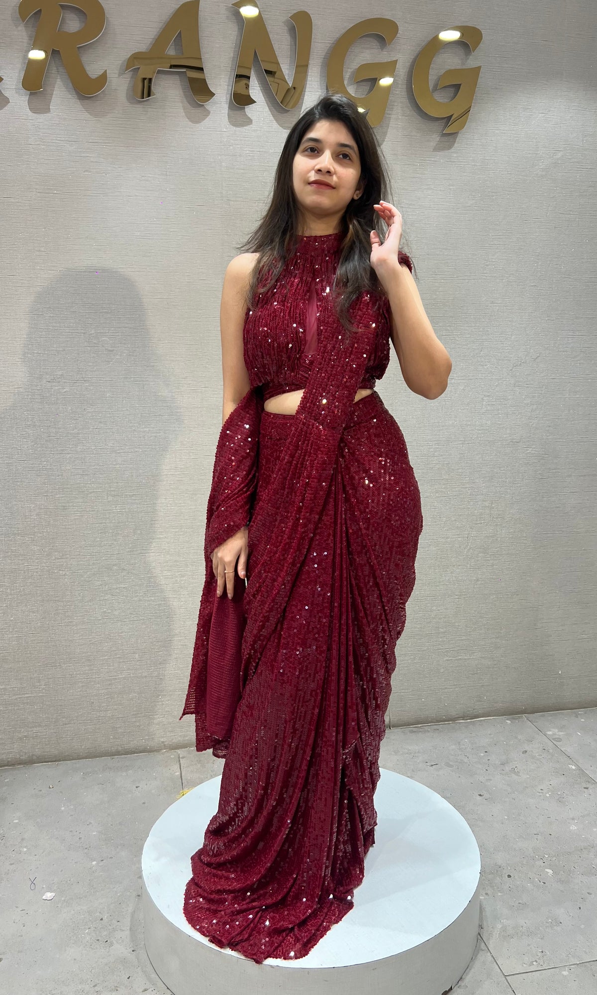 Maroon Georgette Sequined Draped Saree