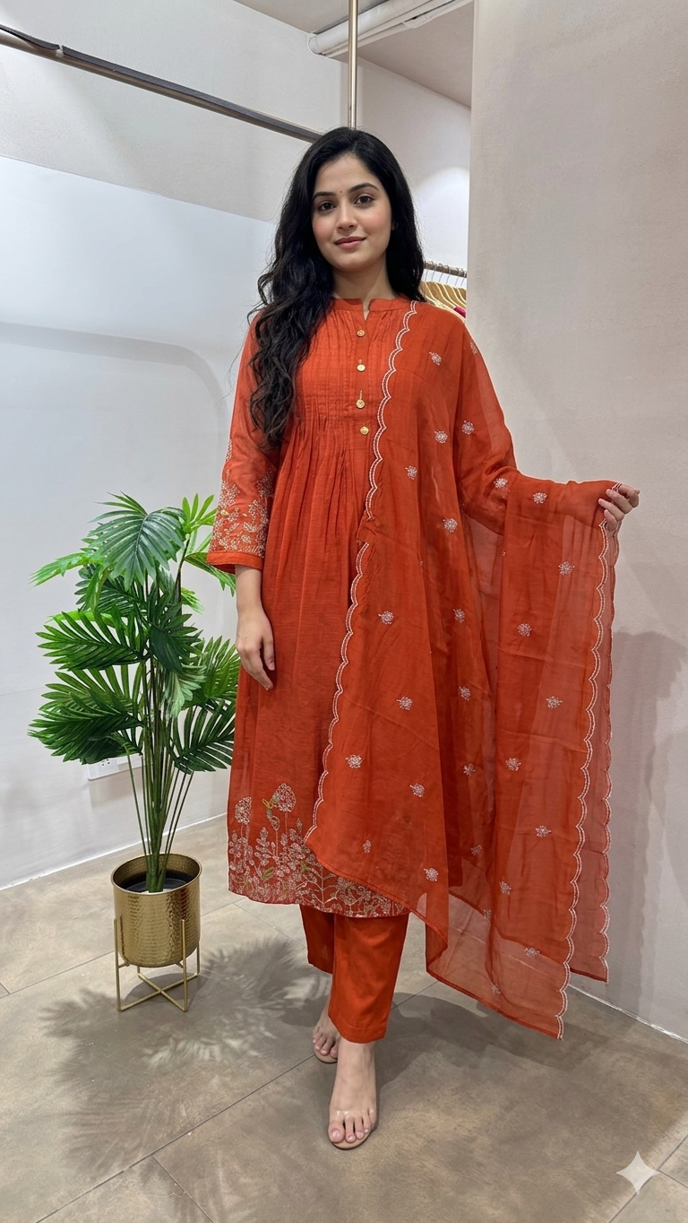 RUST floral mul chanderi embroidery kurta set