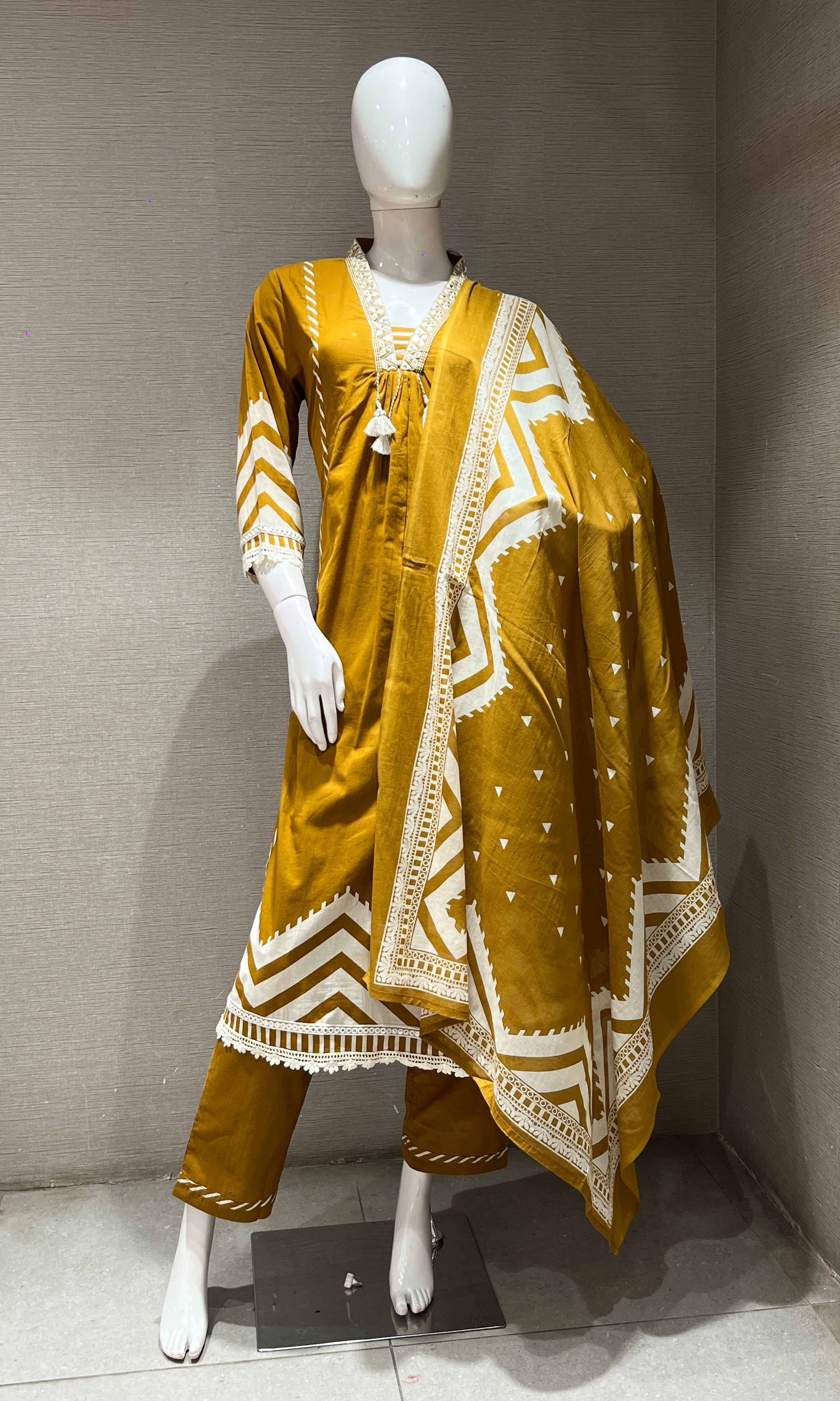 mustard yellow ethnic white lace kurta set