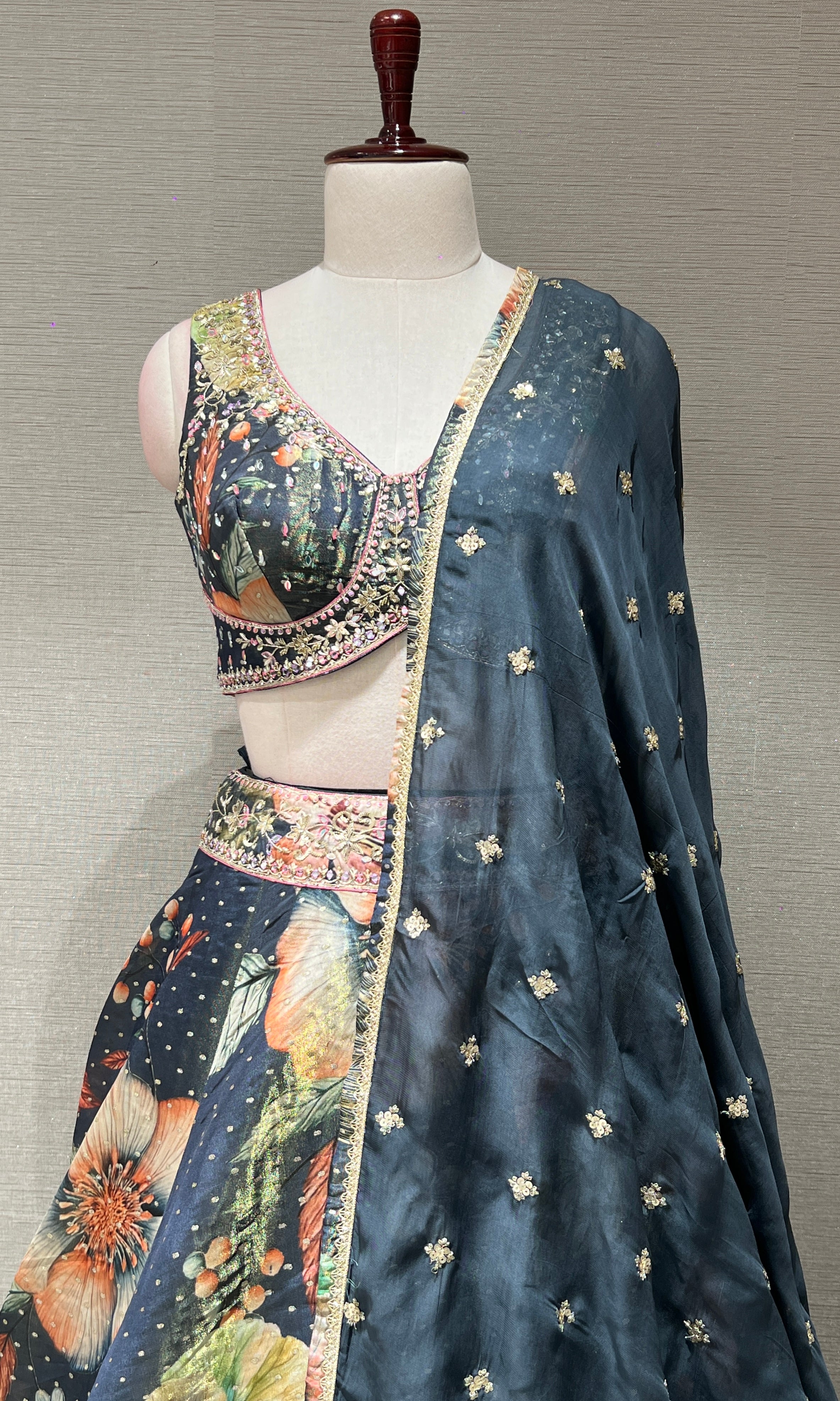 Olive green Floral Embroidered Lehenga