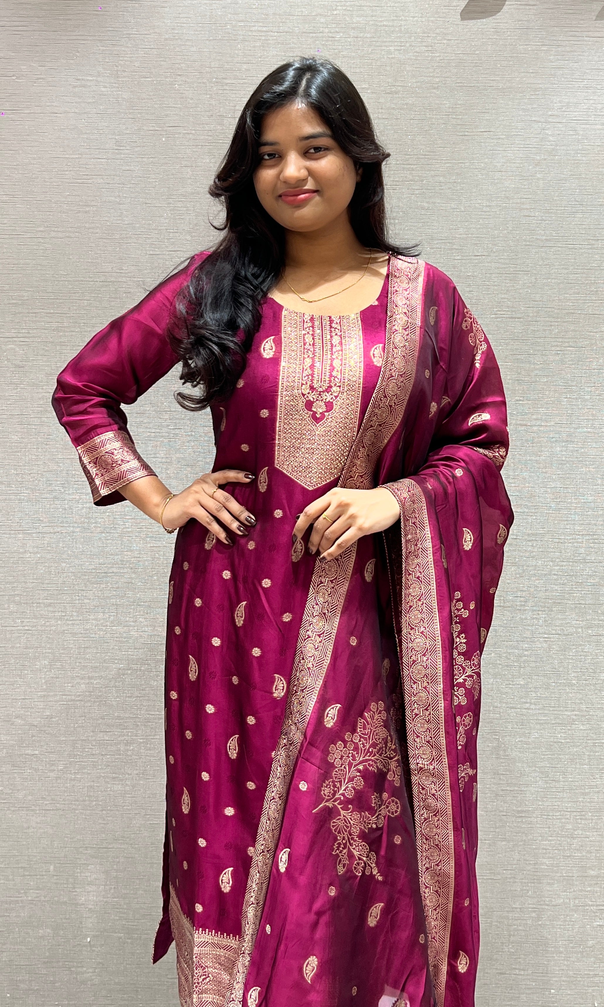 Wine Kurta Set With Gold Embroidery