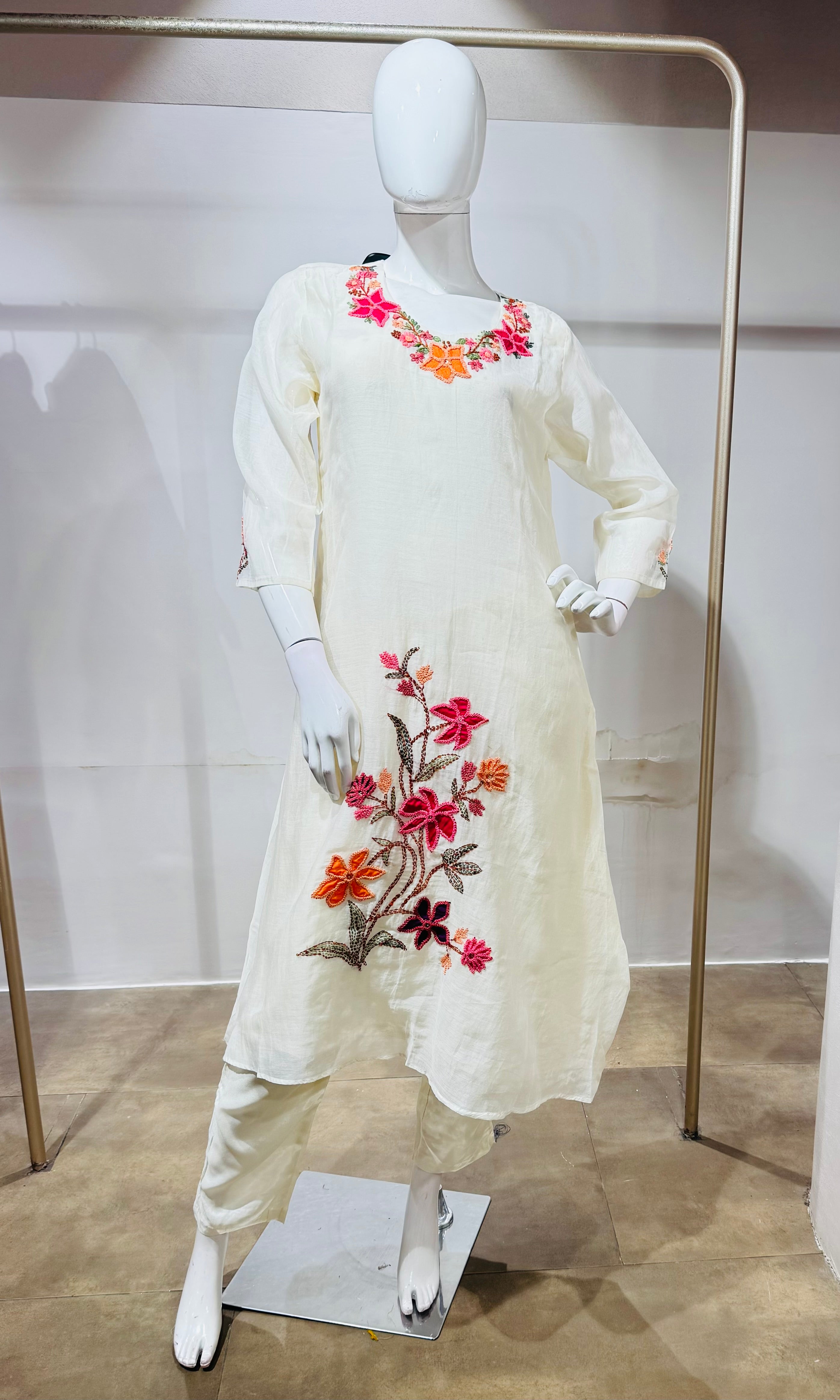 White Cotton Kurta Set with Botanical Embroidery