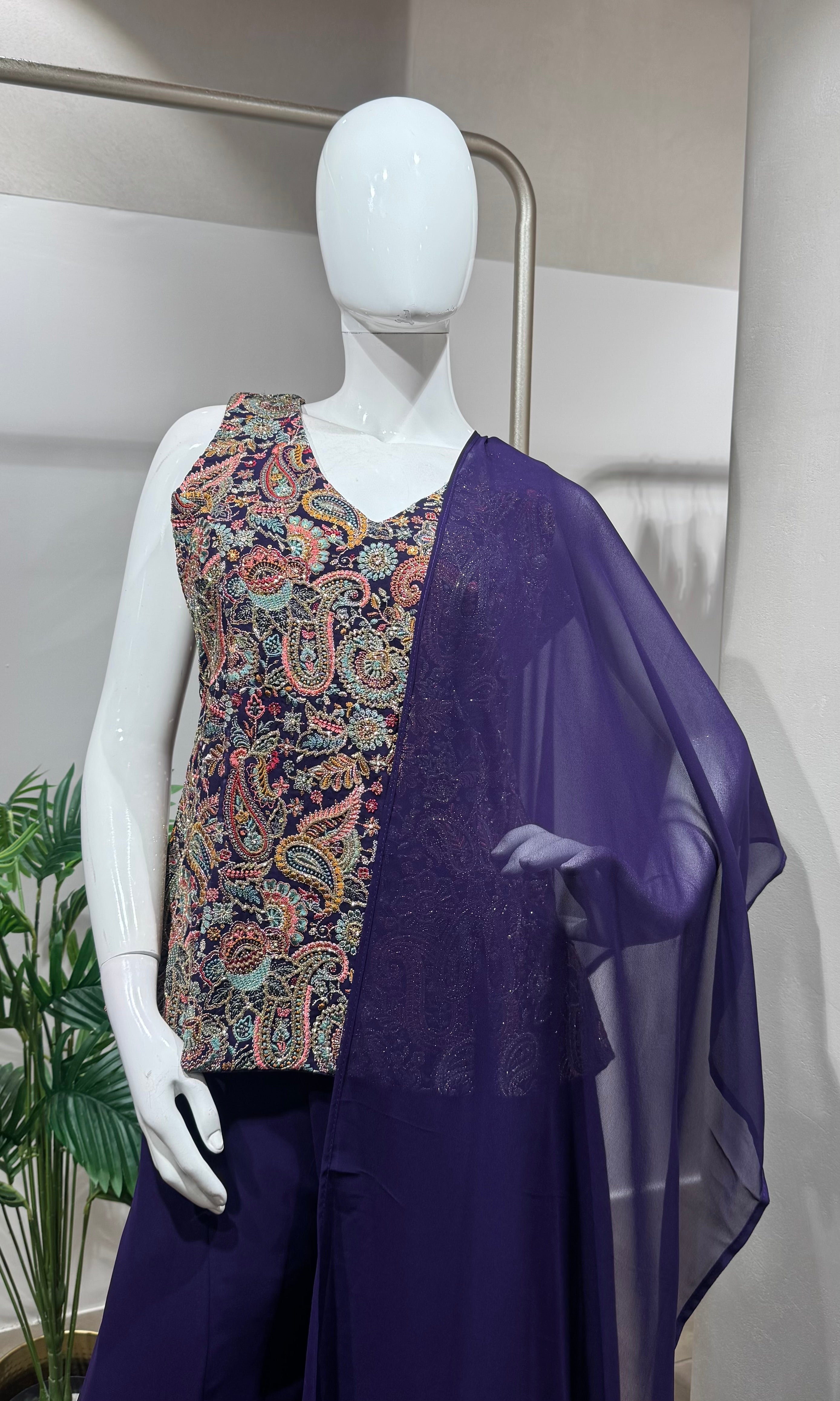 Purple embroidered georgette palazzo set