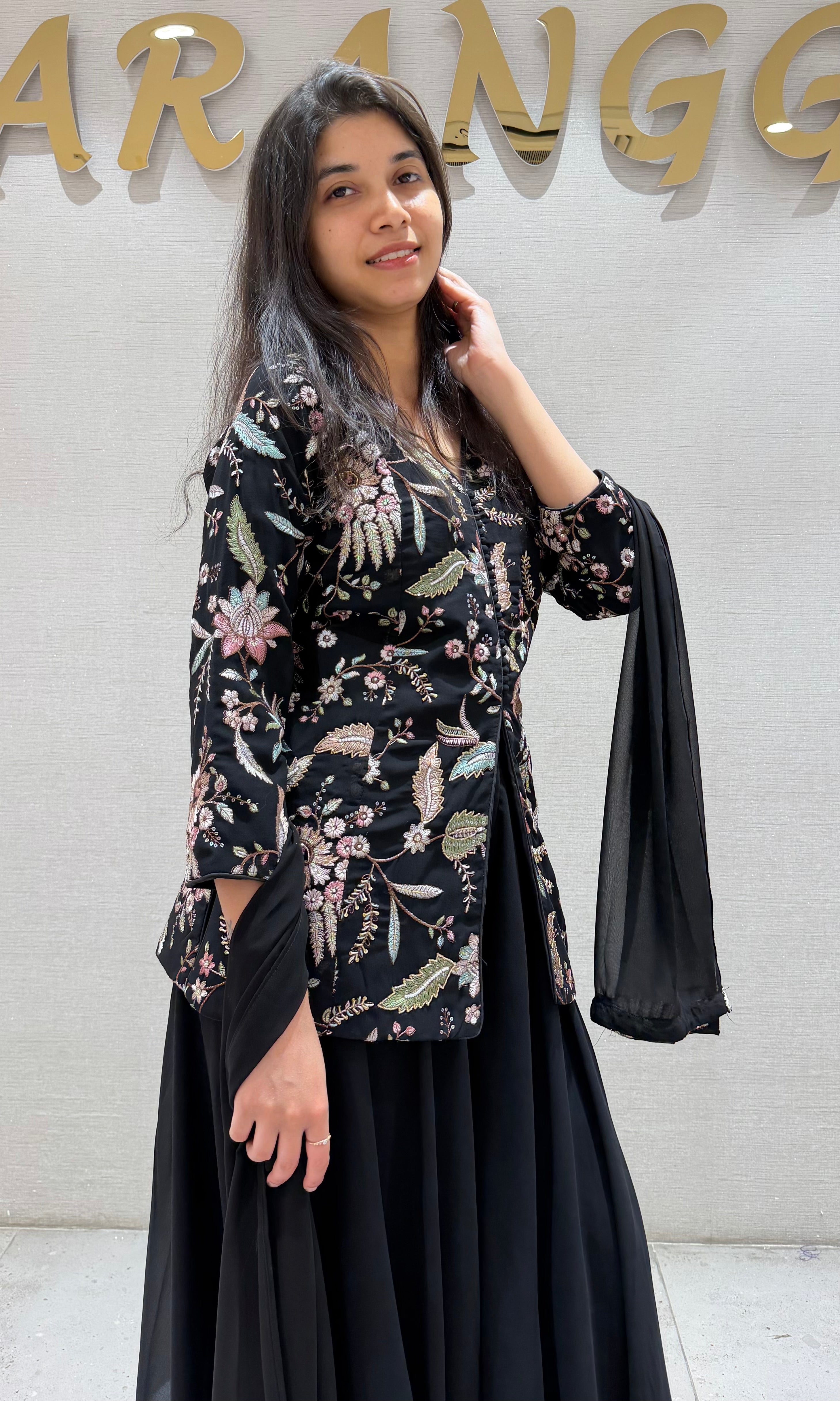 Black FRONT SLIT PEPLUM SHARARA SET