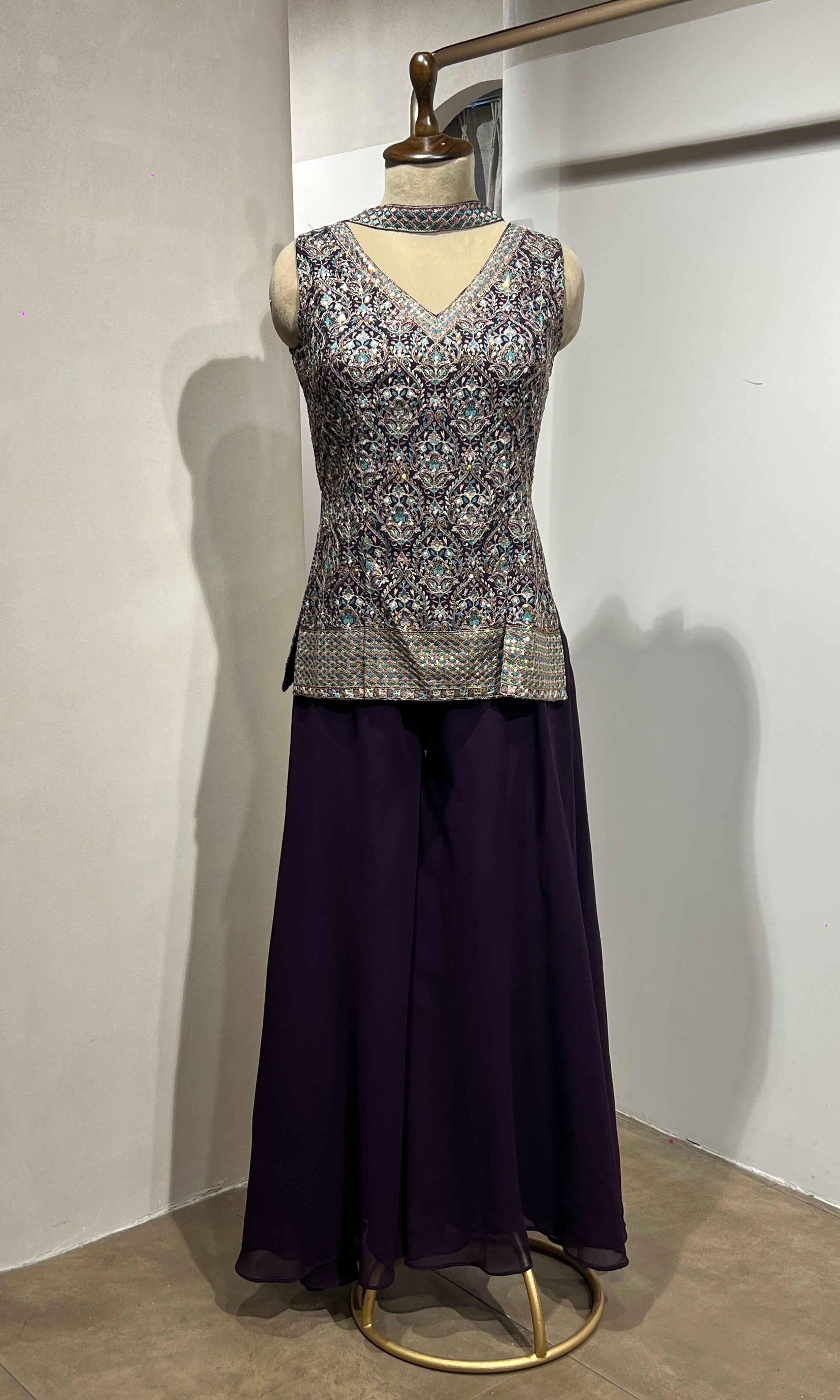 Wine EMBROIDERED PEPLUM PALAZZO SET