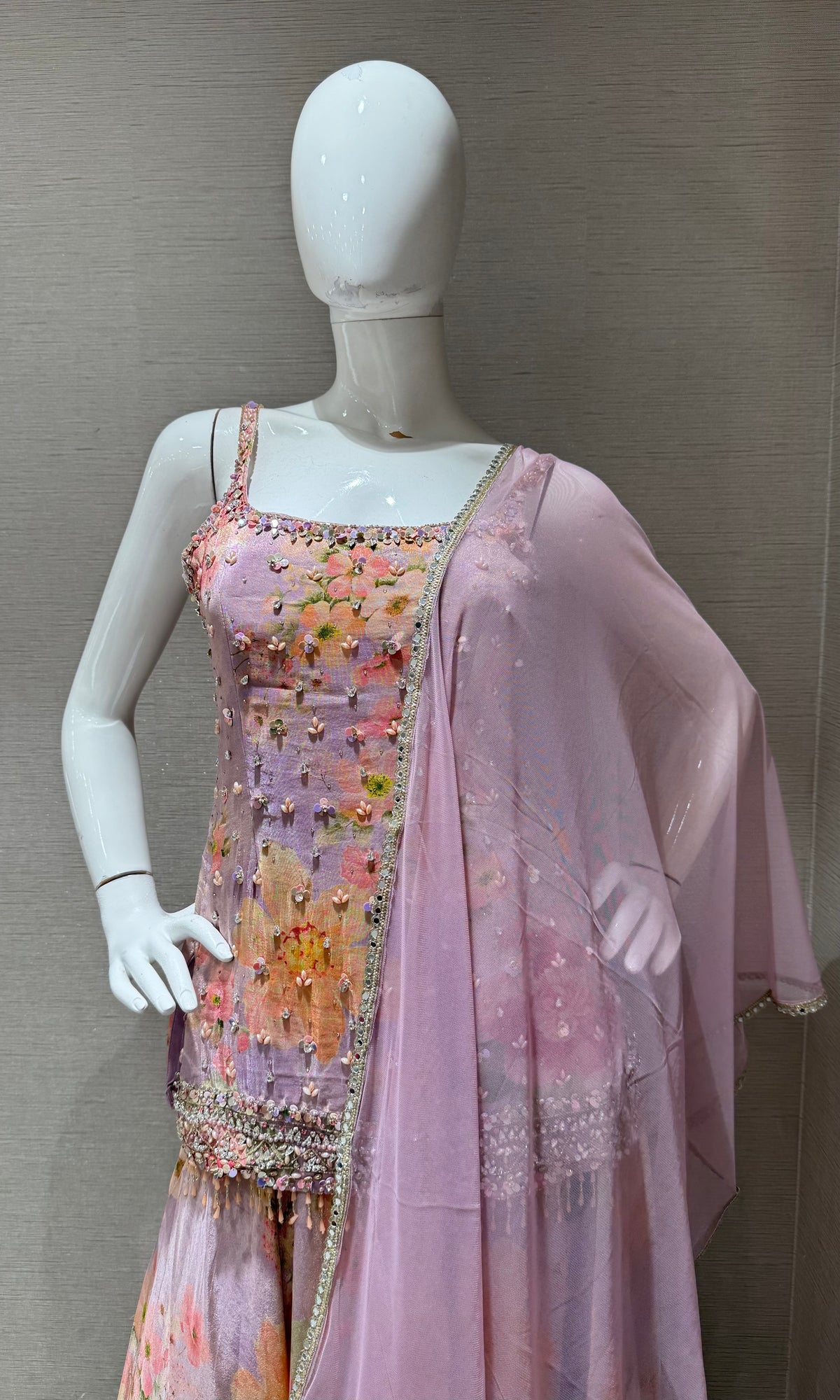 LAVANDER Silk Organza Floral Printed Peplum palazzo set