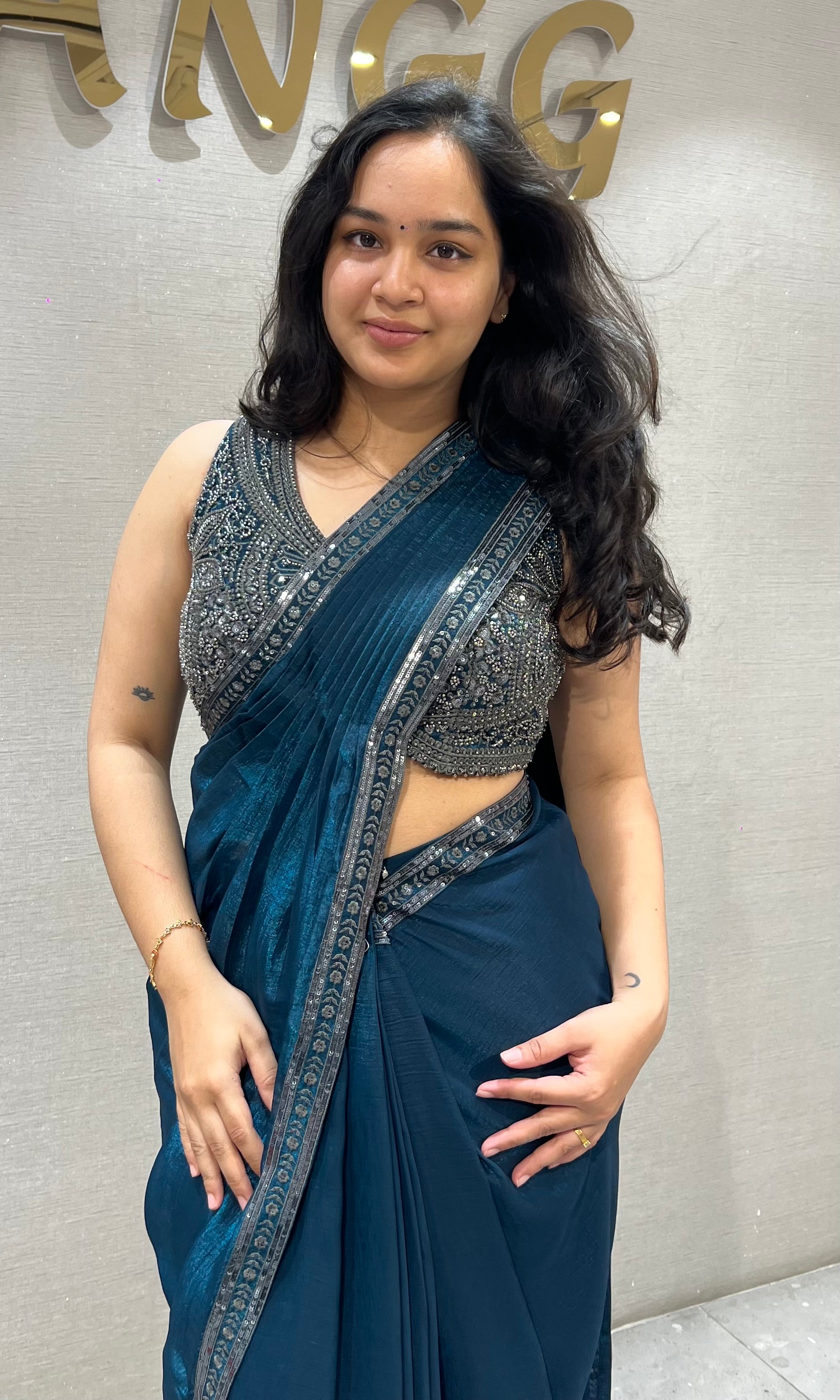 Peacock Blue Georgette Draped Saree