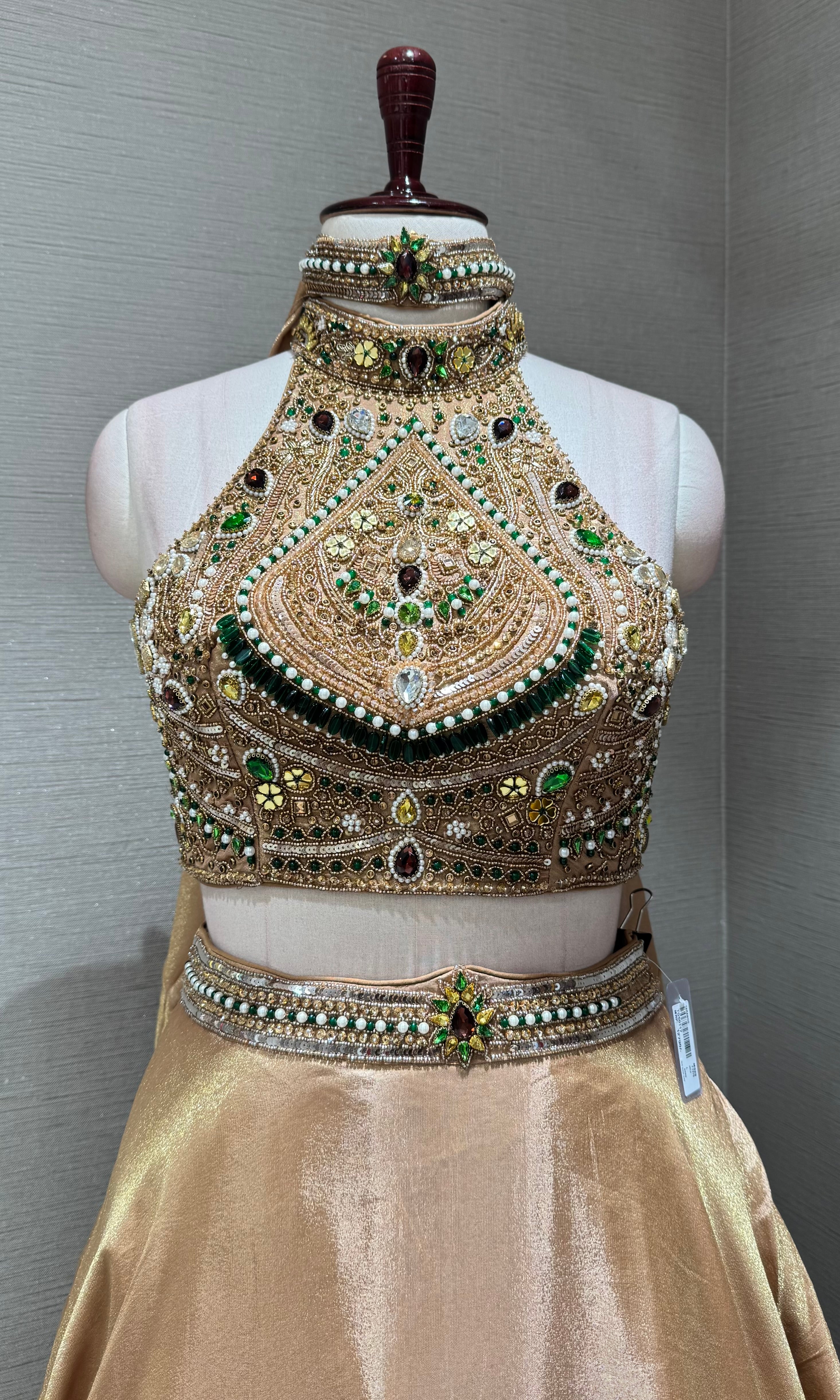 Golden Halter Jeweled Neck Embellished Lehenga Set