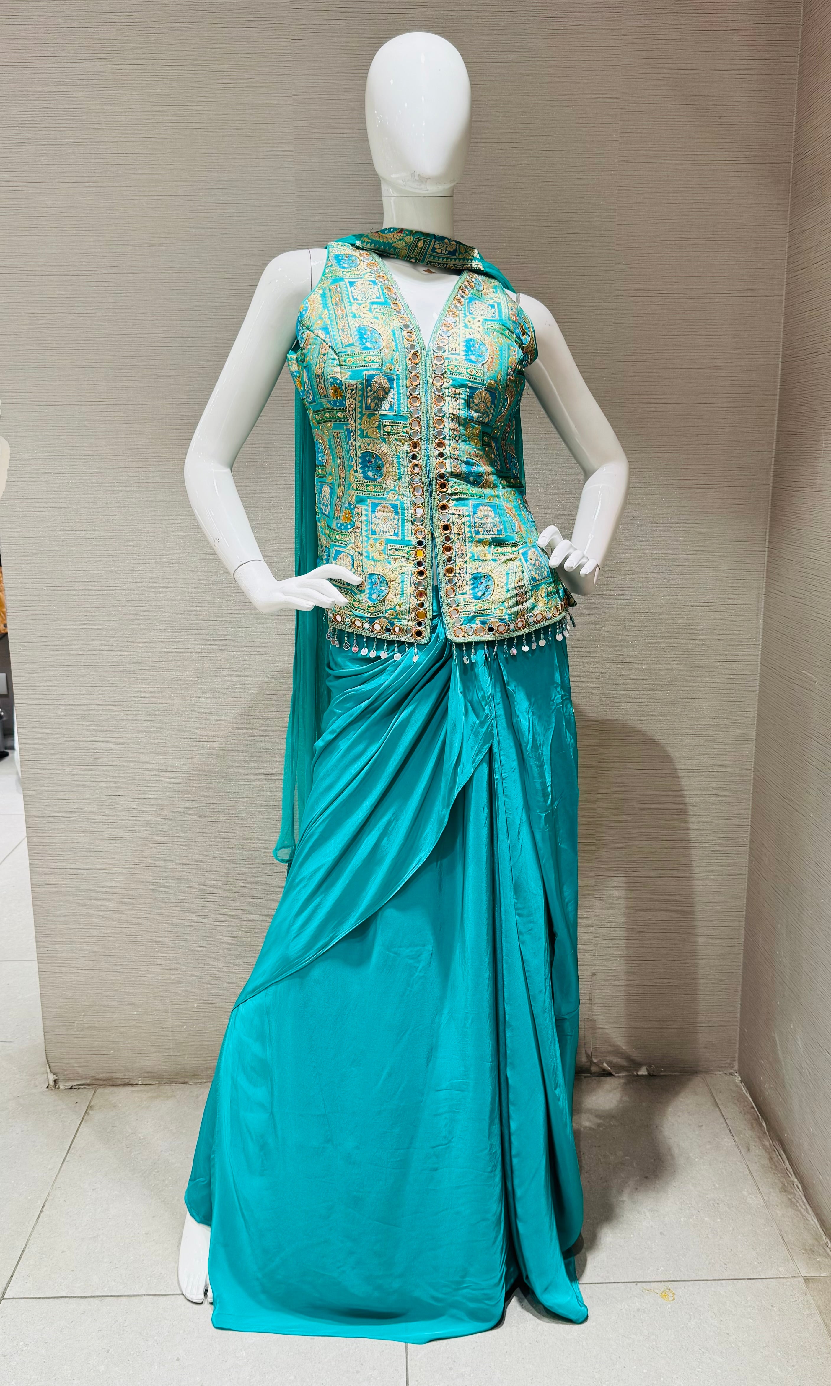 Green Indo Western Draped Skirt and Dhoti Set