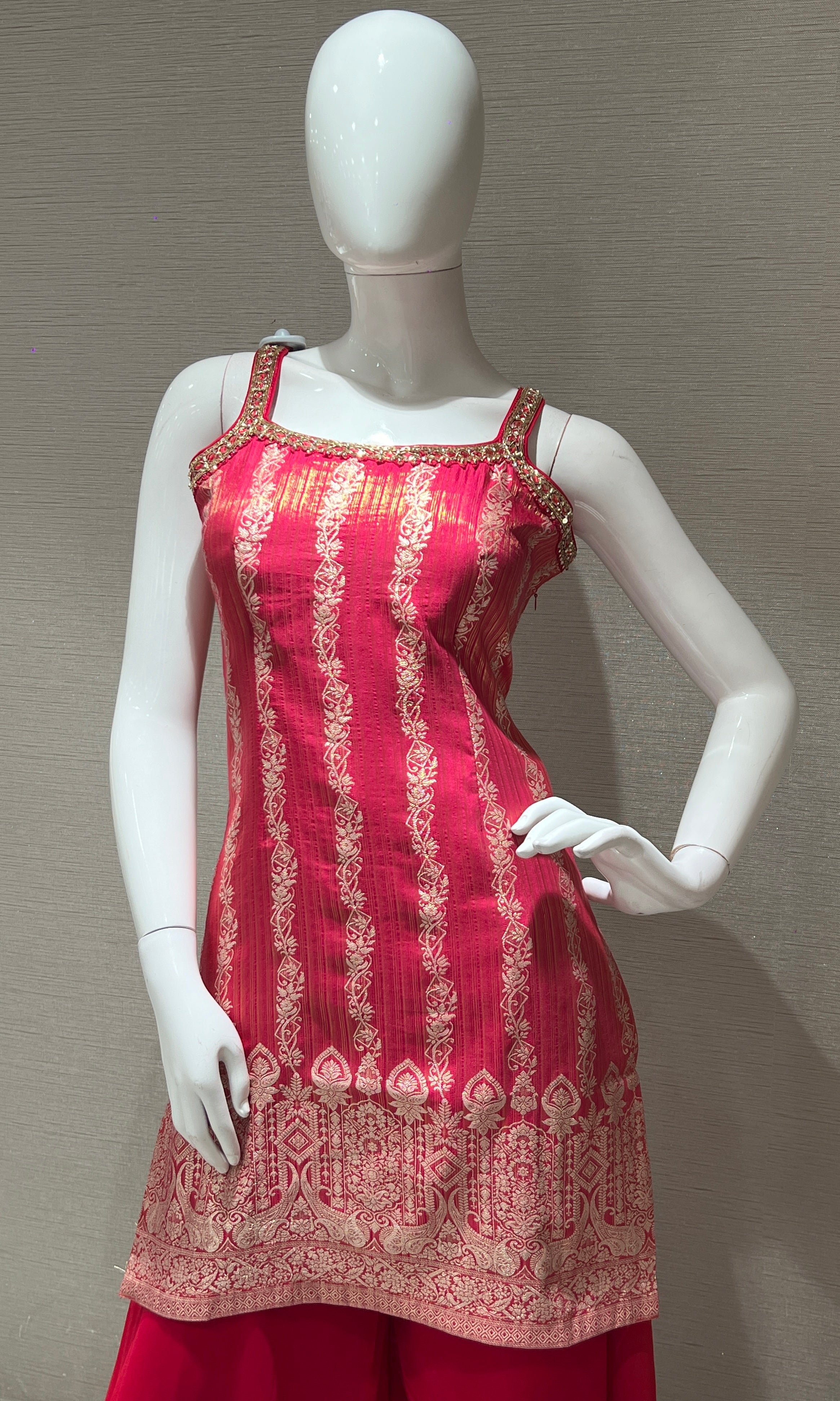 Rani pink with gold Embroidered Sharara Set