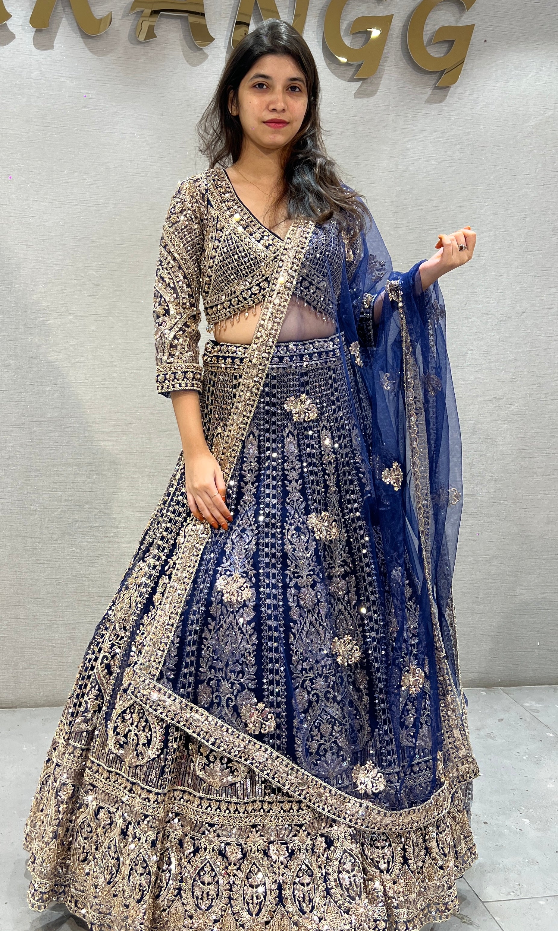 Navy Blue and Gold Heavy Embroidered Lehenga Choli Set
