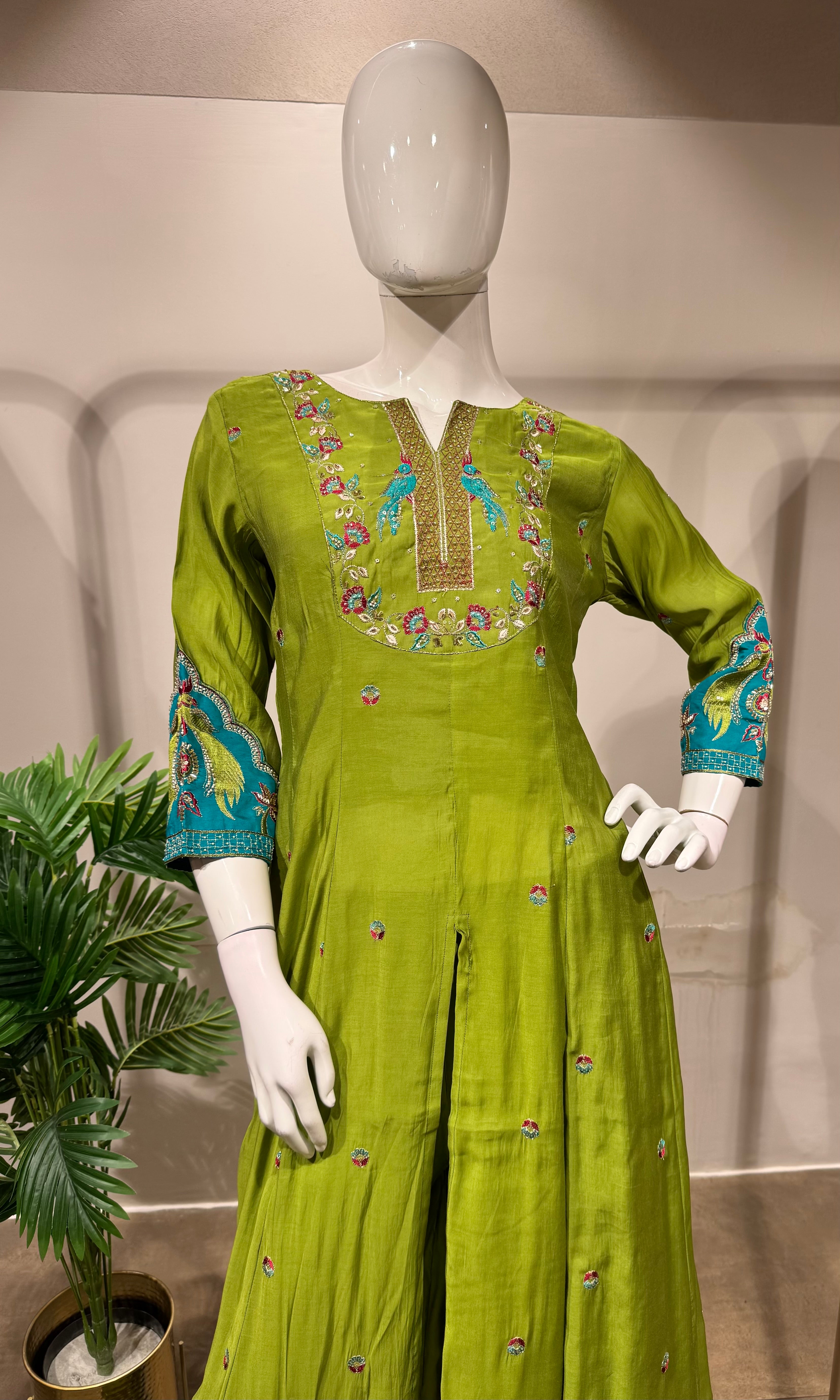 Green embroidered anarkali with palazzo pants