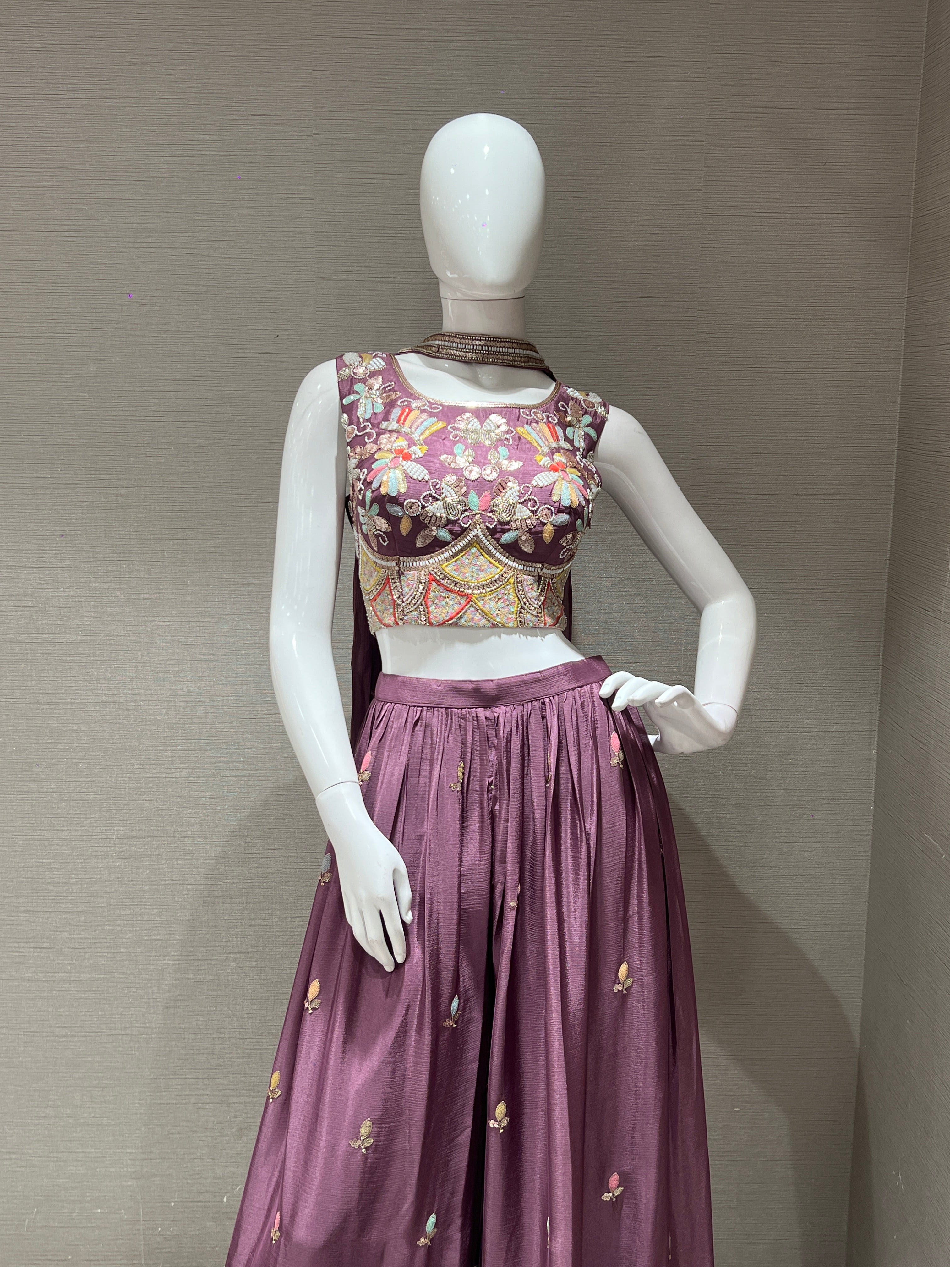 Lilac Embroidered Crop Top and Palazzo Set