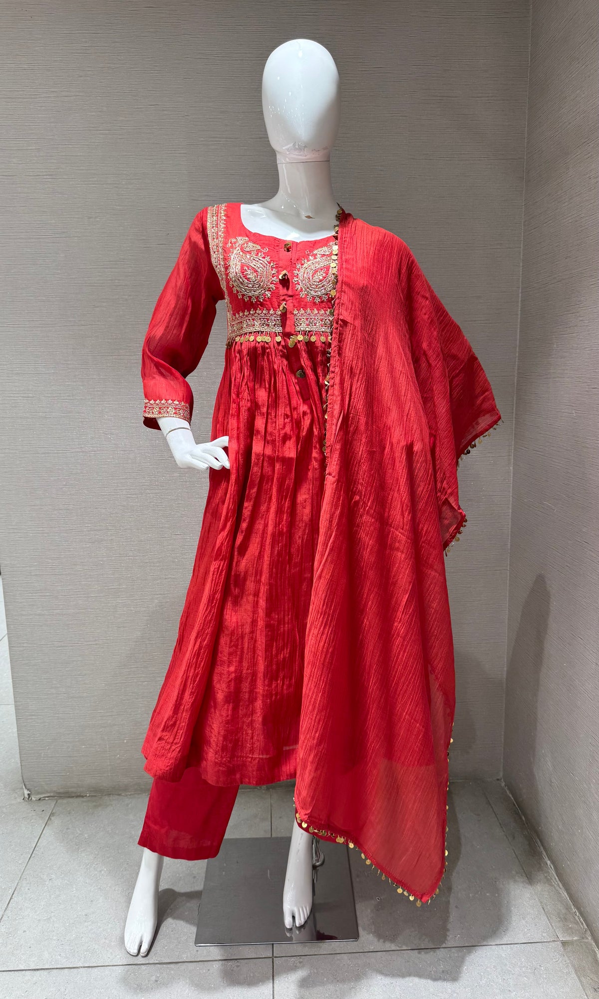 RUST COTTON ETHNIC A LINE KURTA SET WITH DUPATTA