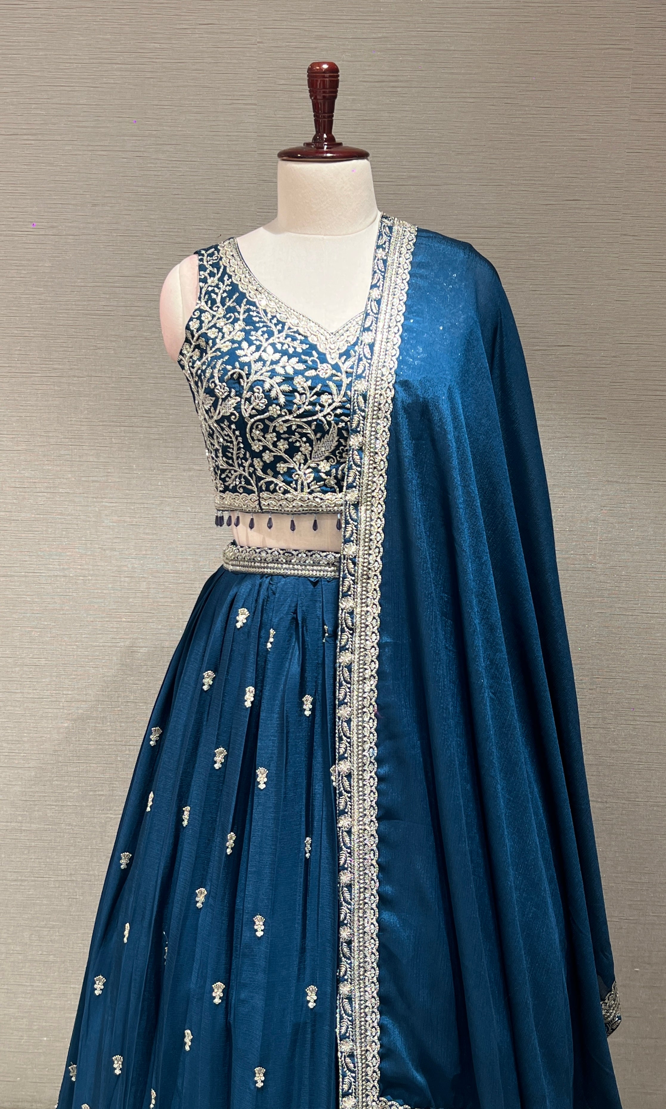 Blue Floral intricate Embroidery Lehenga