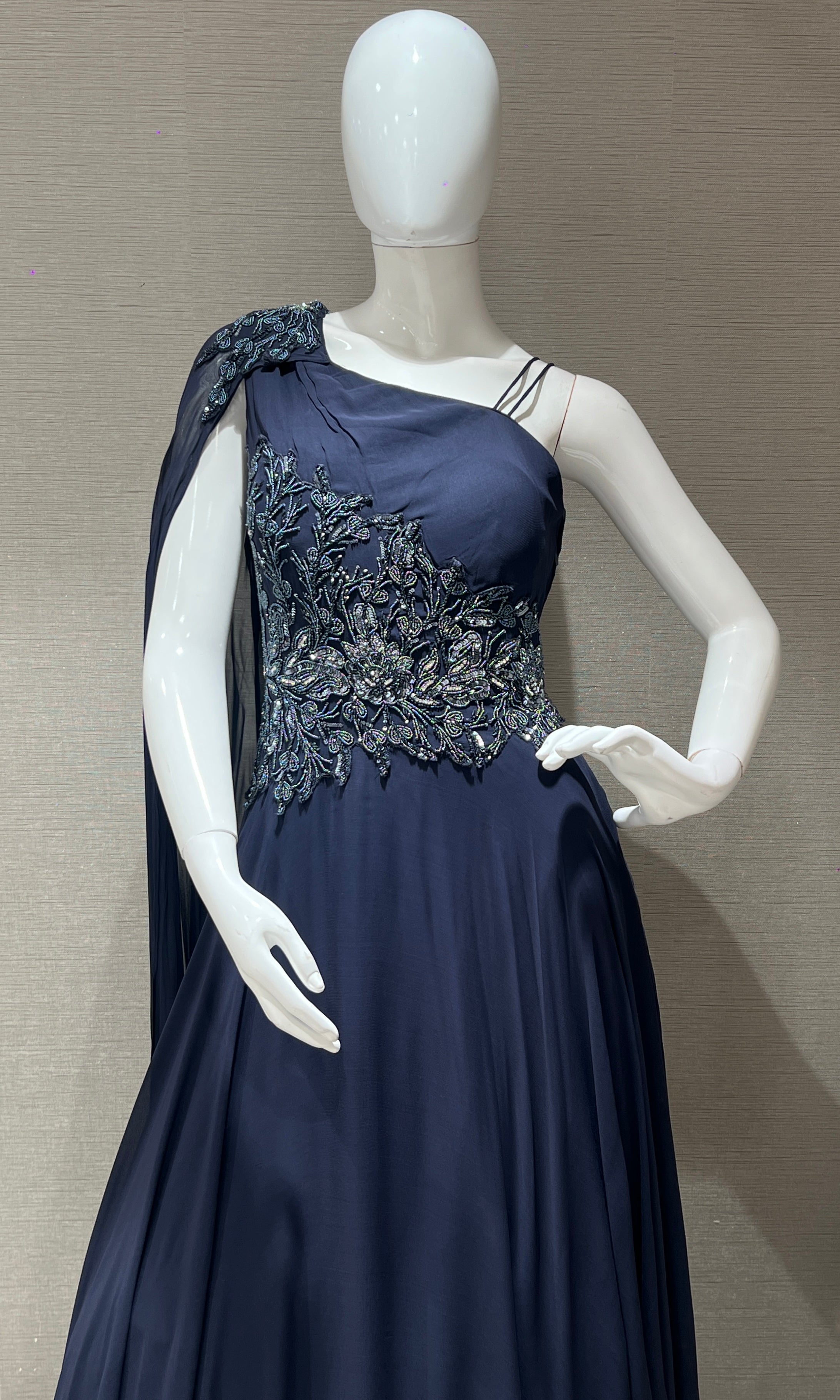 Navy blue long dress with butterfly one shoulder sleeve