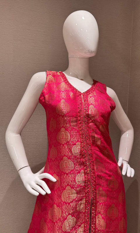 pink and Gold Banarasi Silk Anarkali Set with Dupatta