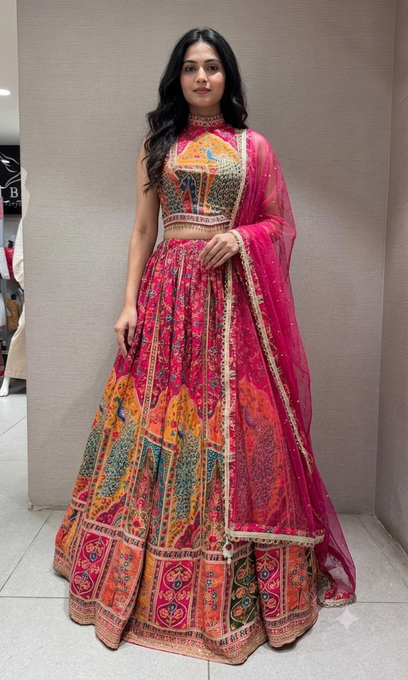 pink Mayur Pichwai halter neck Lehenga set